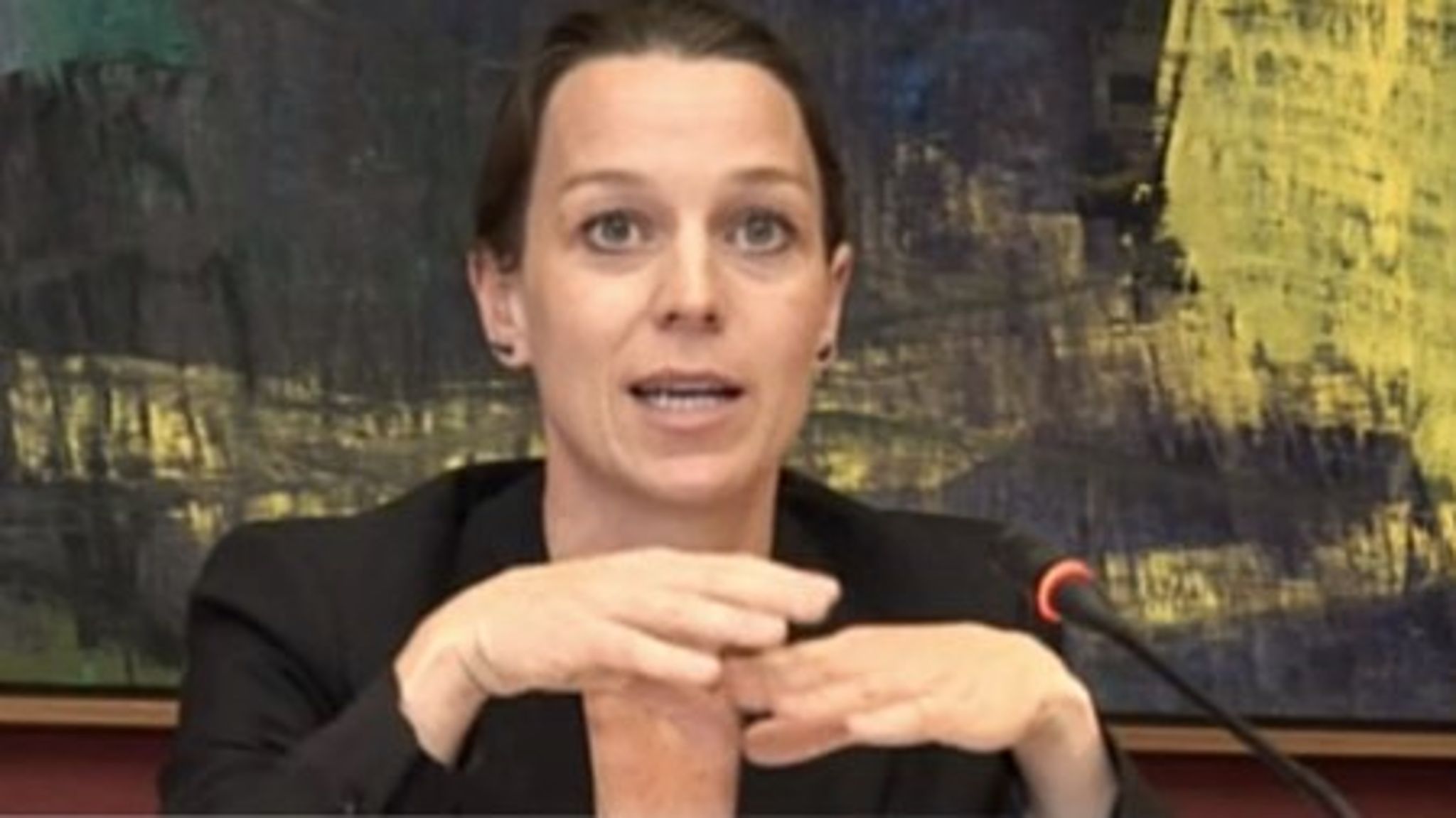 Miljøminister Kirsten Brosbøl (S) taler på samrådet om oversvømmelser i Nordjylland.