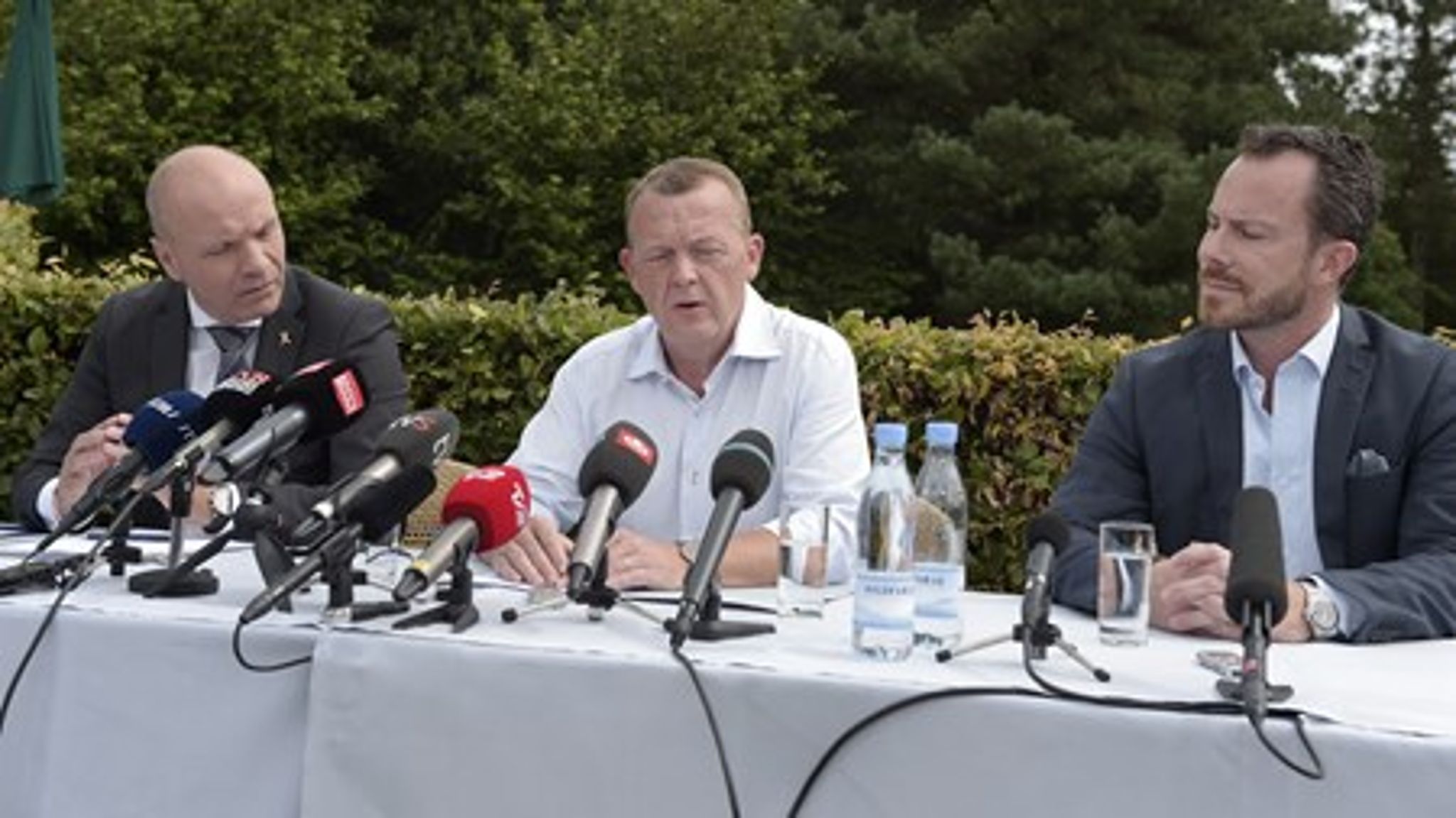 Statsminister Lars Løkke Rasmussen, Venstres gruppeformand Søren Gade og politisk ordfører Jakob Ellemann-Jensen&nbsp;holdt fredag pressemøde i forbindelse med partiets sommergruppemøde.&nbsp;<br>