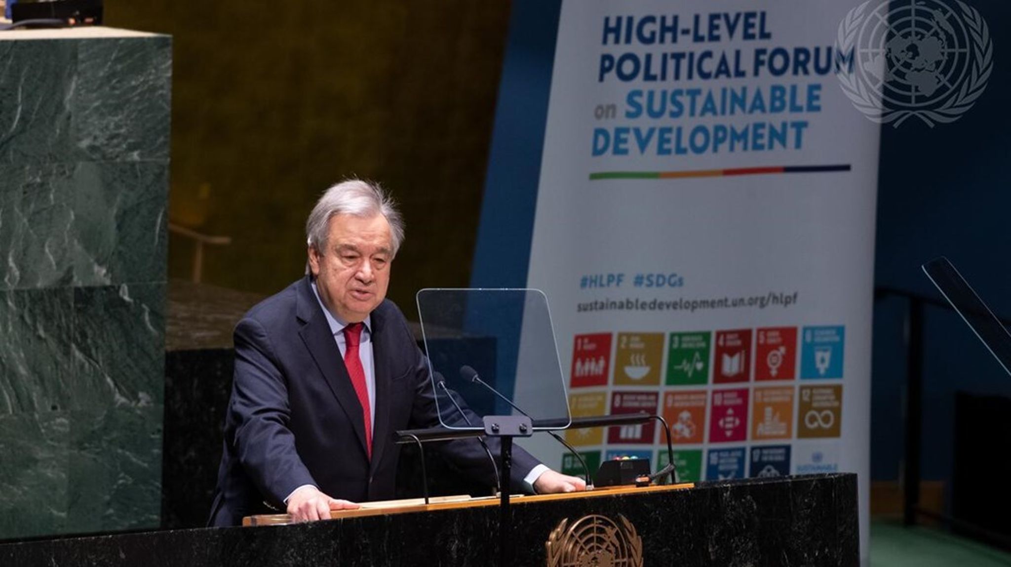 FN's generalsekretær, António Guterres, åbner High Level Political Forum, der i år havde den lettere bidenske og ret lange overskrift 'Building back better from the coronavirus disease (COVID-19) while advancing the full implementation of the 2030 Agenda for Sustainable Development’.