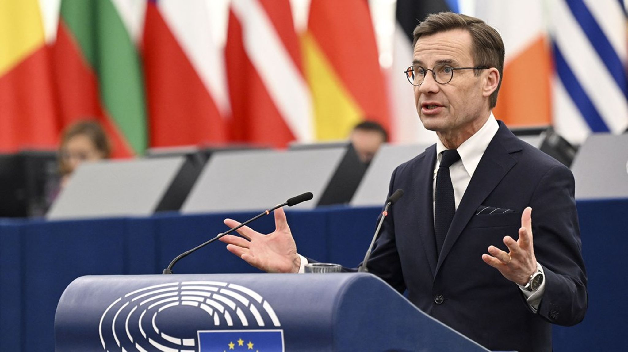 Sveriges statsminister Ulf Kristersson (M) debatterede 17. januar Sveriges&nbsp;prioriteter under landets EU-formandskab i Europa-Parlamentet.&nbsp;