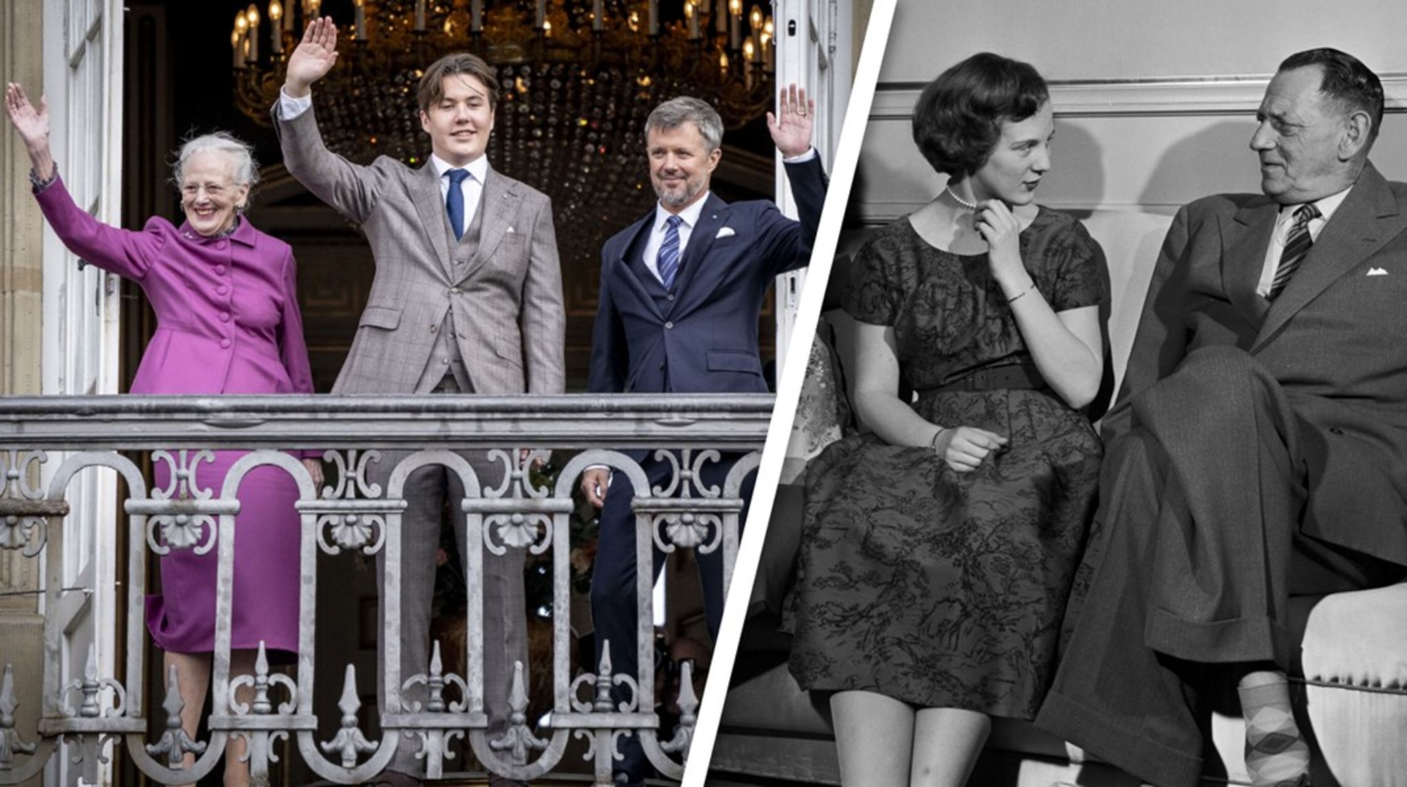 Tv. Dronning Margrethe, prins Christian og kronprins Frederik i forbindelse med prins Christians 18 års fødselsdag. Th.&nbsp;april 1958, tronfølger Prinsesse Margrethe fylder 18 år og skal for første gang deltage i Statsrådet med sin far, Kong Frederik IX.