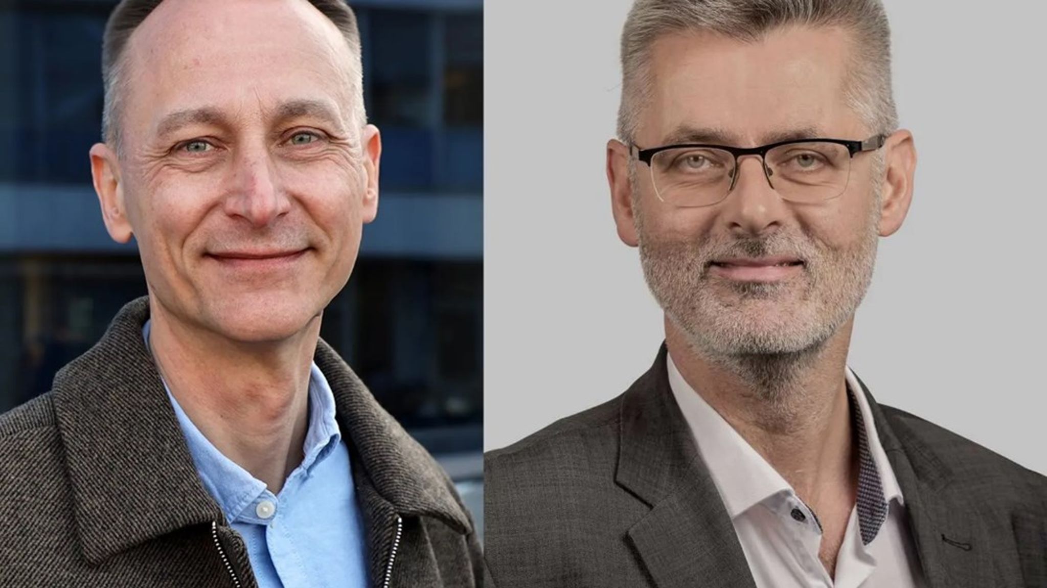 Stefan Starup Jeppesen (tv.) er cheflæge på Odense Universitetshospital, mens Claus Juul Fjeldgaard (th.) kommer fra en stilling som direktør i Varde Kommune.
