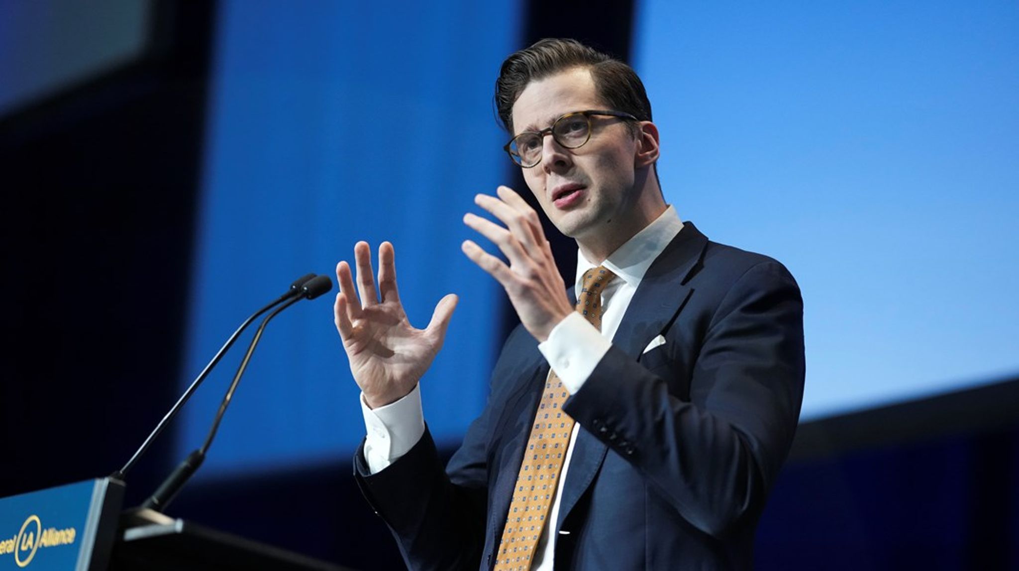 Partiformand Alex Vanopslagh under Liberal Alliances seneste landsmøde i marts. Arkivfoto. 