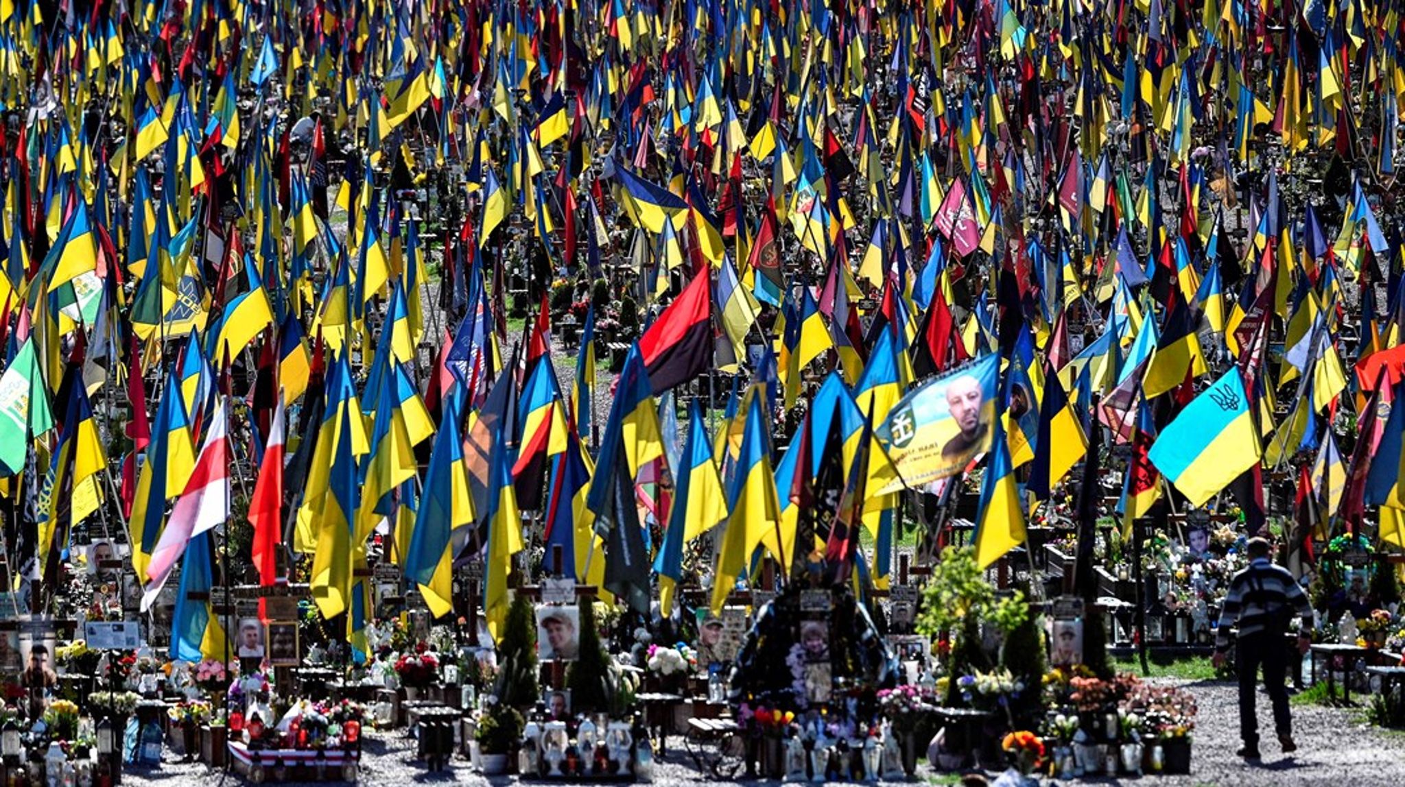 De ukrainske flag&nbsp;blafrer. Det er koldt, og mødre, fædre og bedstemødre går med små plastickoste og børster sneen af gravene. Helt stille, skriver Vibe Termansen.