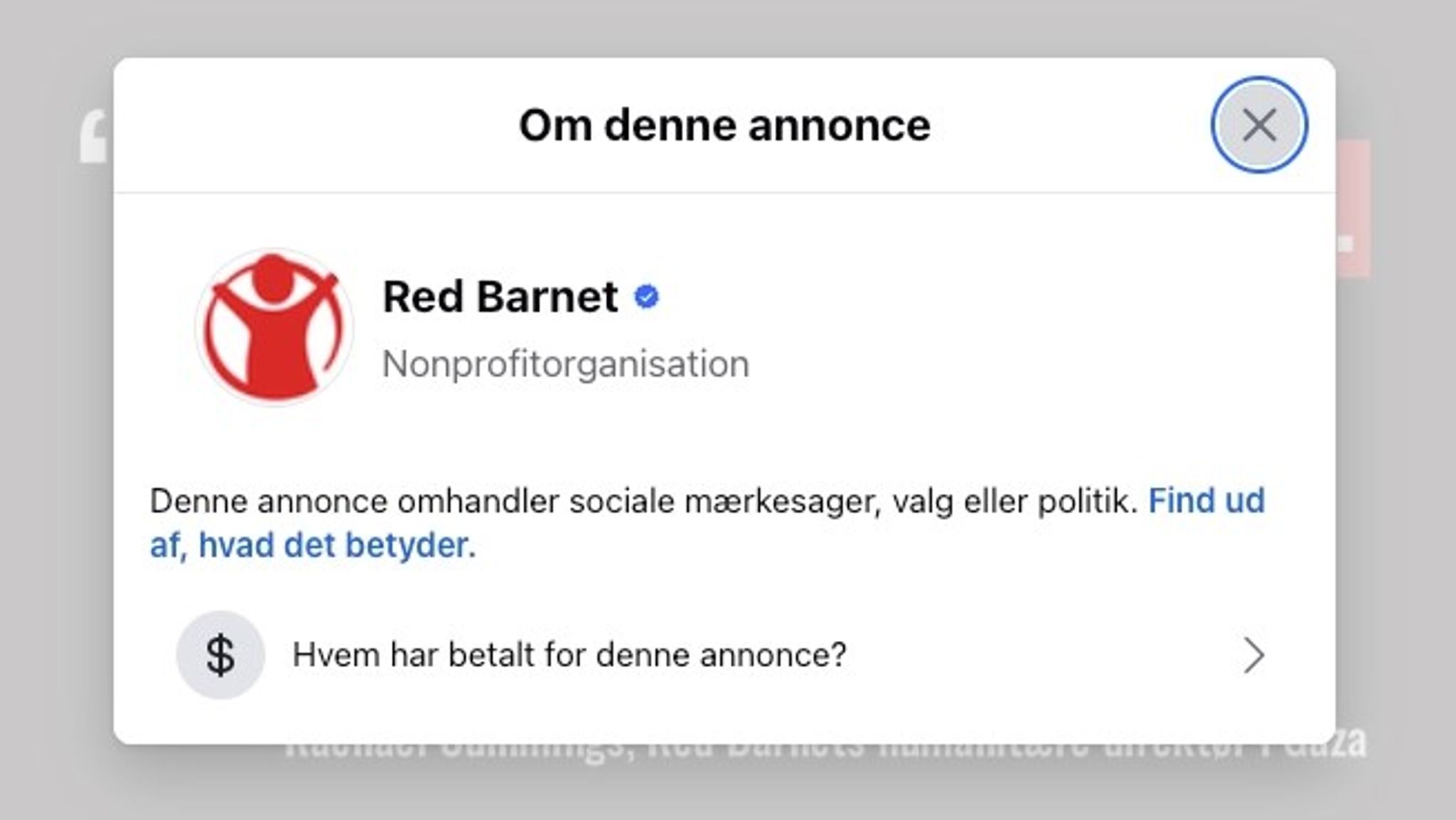 I dag deklarerer en boks som denne, at annoncen er politisk (ifølge Meta) og hvem der har betalt for den. Fremover vil den tilhørende annonce, som du kan se lidt længere nede i artiklen - formentlig - ikke være tilladt på Metas platforme. 