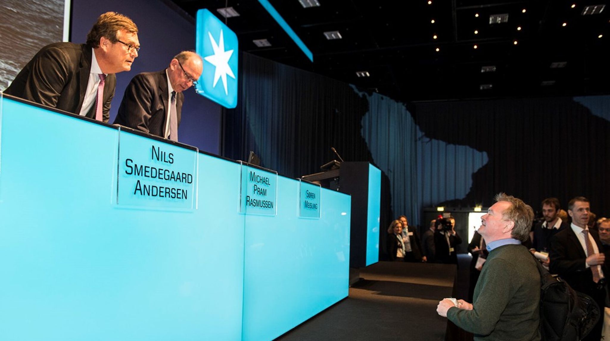 Frank Aaen i sin yndlingsrolle: Her udfordrer han Mærsk-ledelsen på generalforsamlingen i 2014. Foto:&nbsp;Søren Bidstrup/Ritzau Scanpix