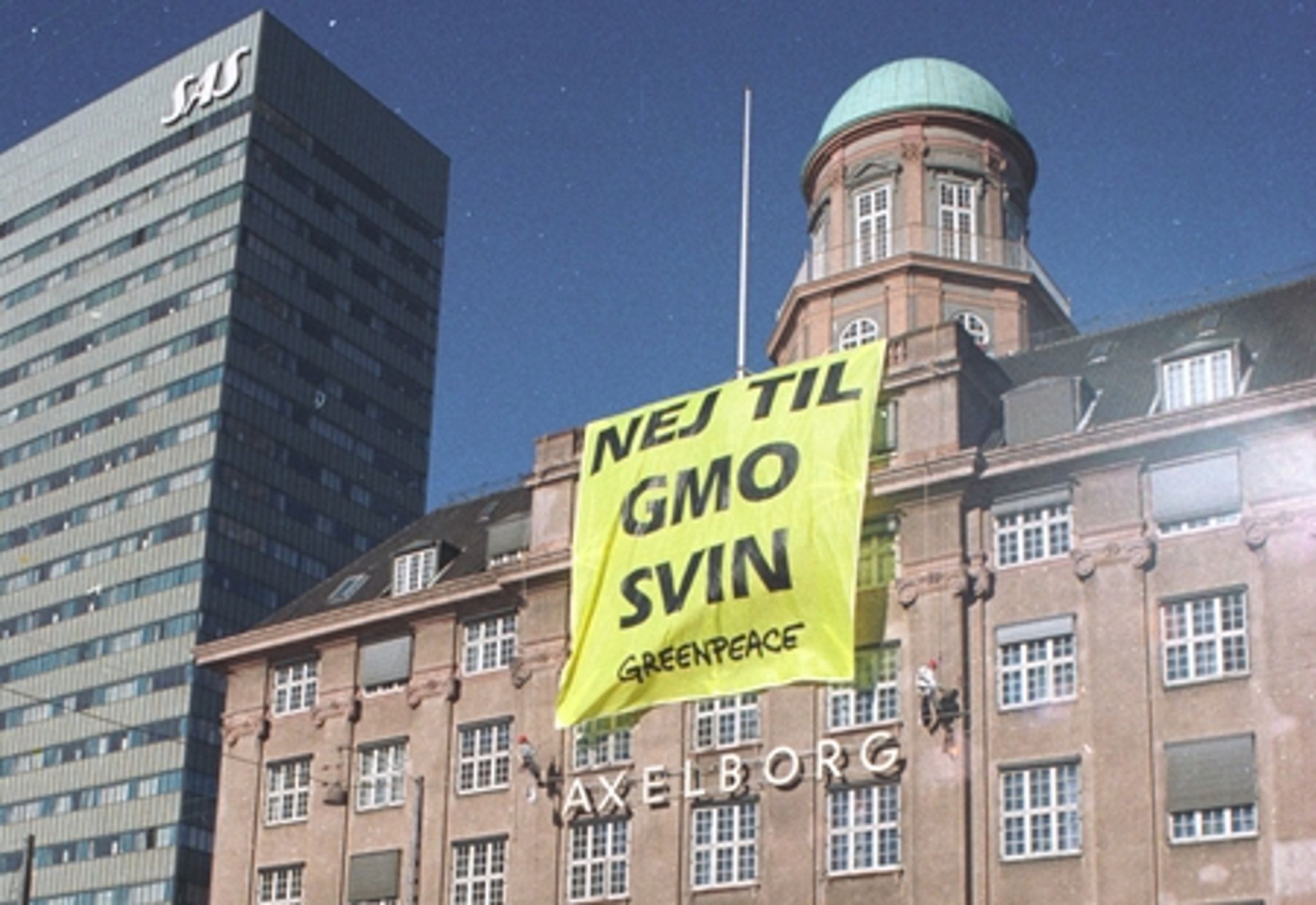 GMO-debatten har tidligere fået Greenpeace på barrikaderne. Her er en tidligere aktion på Axelborg mod landbruget.