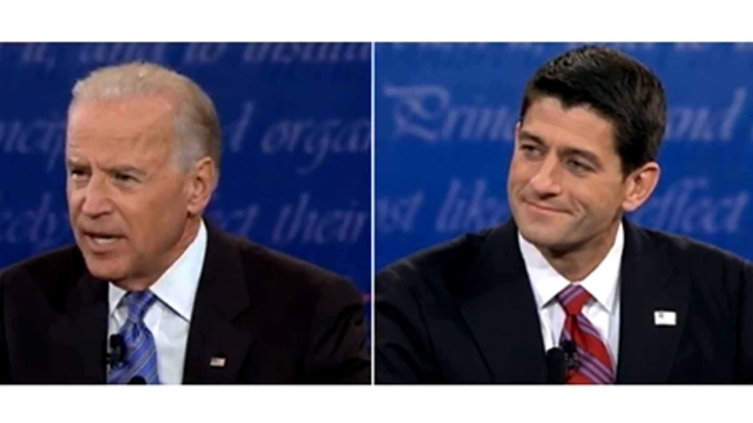 Joe Biden (tv) og Paul Ryan (th.) i en typisk situation fra torsdag aftens vicepræsident-debat. Biden havde den indignerede tone på, mens Ryan leverede fakta roligt. Begge dele virkede til kandidaternes
fordele, så kampen blev uafgjort.