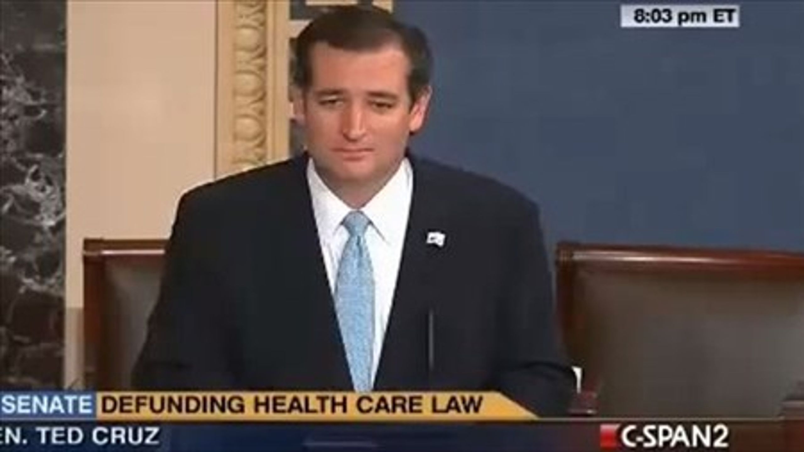 Ted Cruz fik stor medieopmærksomhed, da han i 2013 holdt en 21-timer lang maratontale mod ObamaCare, hvor han blandt andet læste op af&nbsp;børnebogsklassikeren 'Green Eggs and Ham'.
