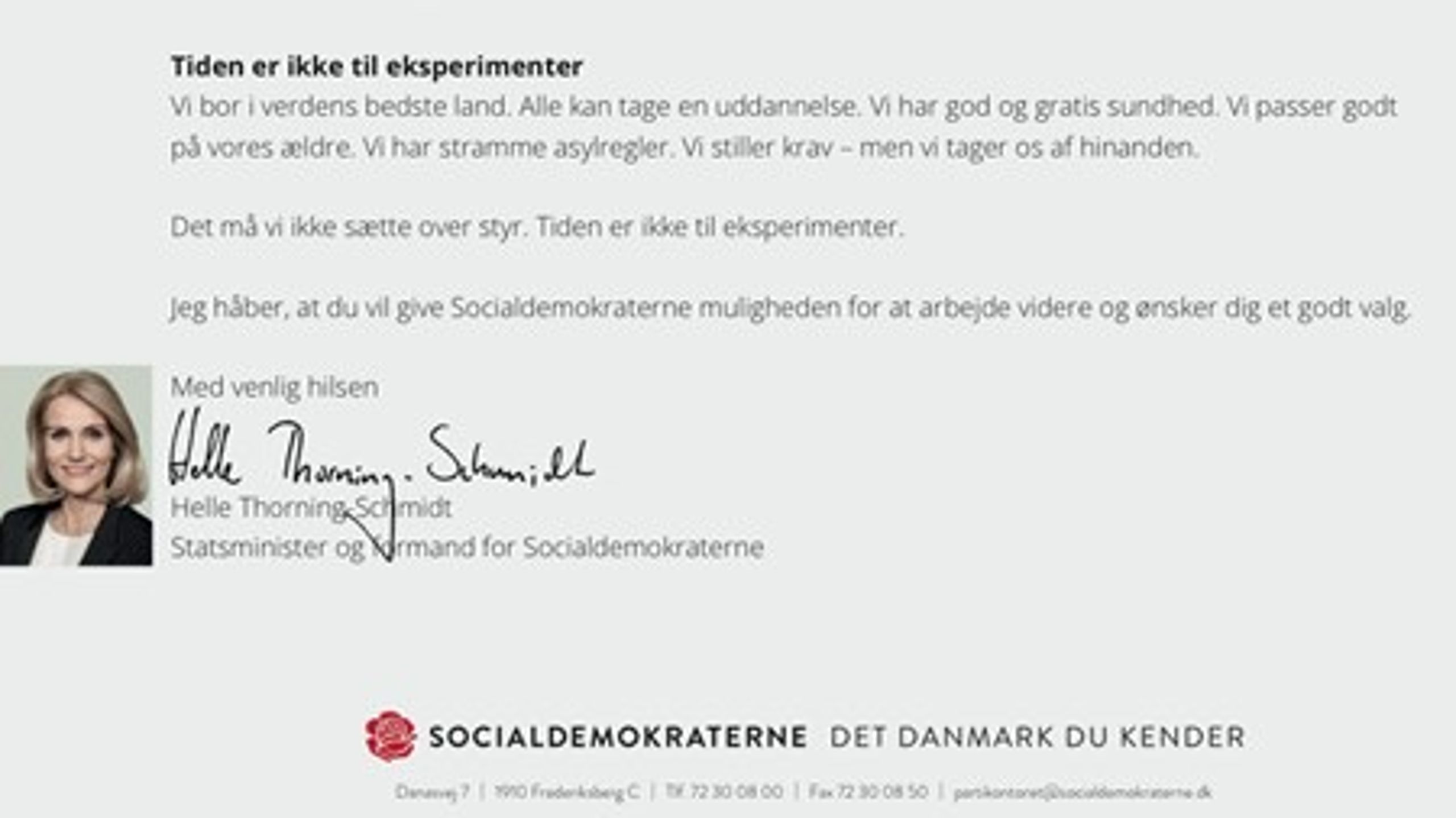 Udsnit af Helle Thorning-Schmidts brev, der sendes ud til 1,2 millioner vælgere.&nbsp;