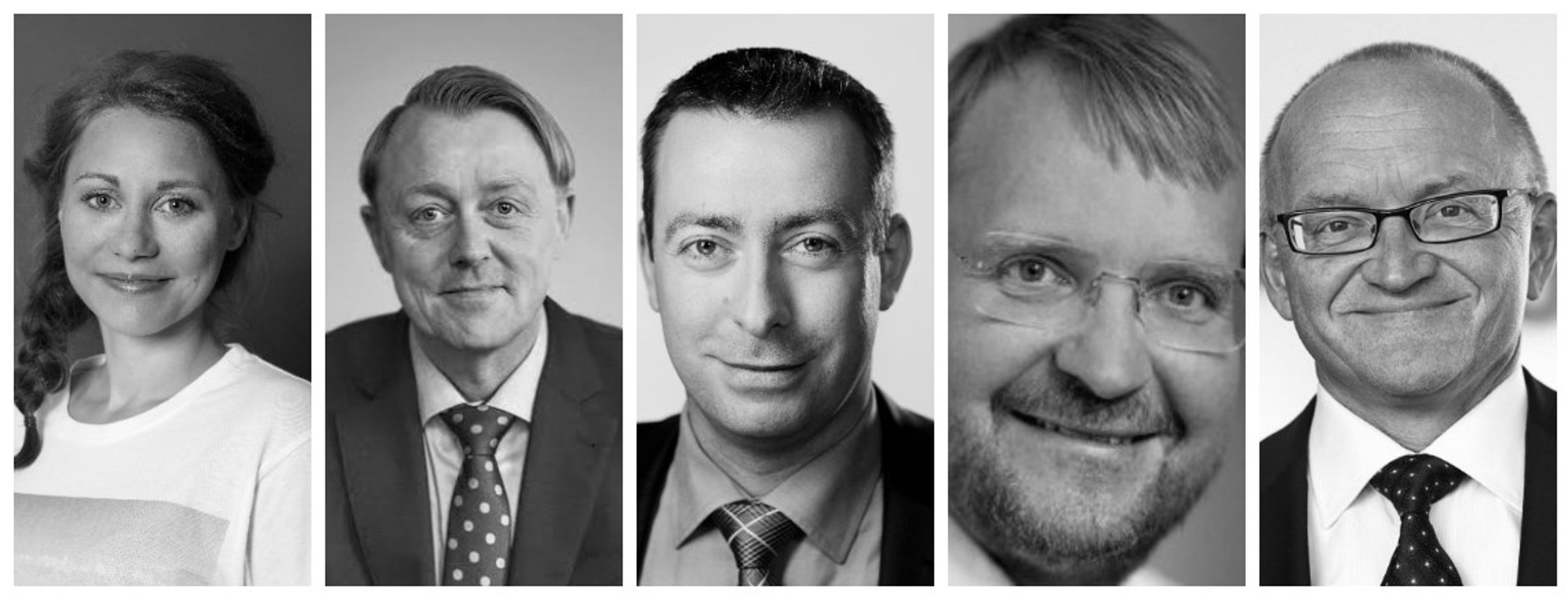 Debatpanelet fra venstre mod højre:&nbsp;Sisse Marie Welling (SF), Kim Them Serup, Hans Andersen (V), Kaare Danielsen og Torben Möger Pedersen.&nbsp;