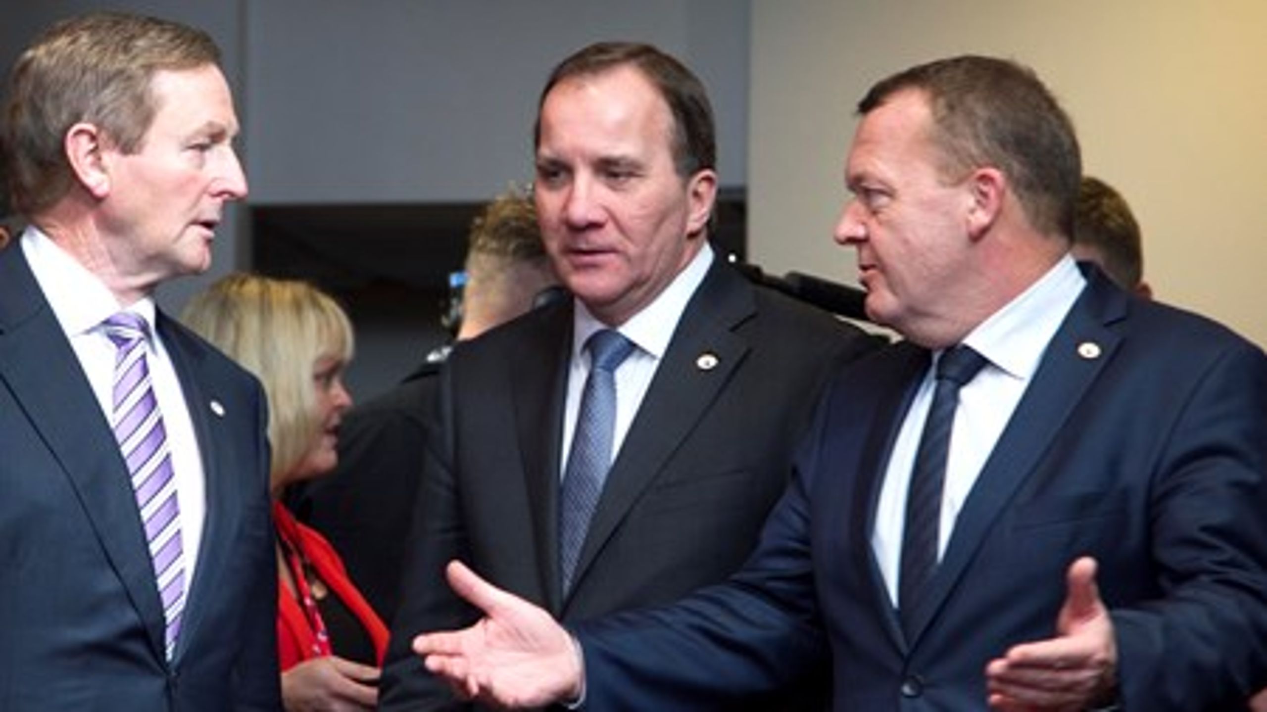 Statsminister Lars Løkke Rasmussen (t.h)&nbsp;brugte EU-topmødet til at slå et slag for indeksering af børnechecken. Her med sin&nbsp;svenske og irske kollega.