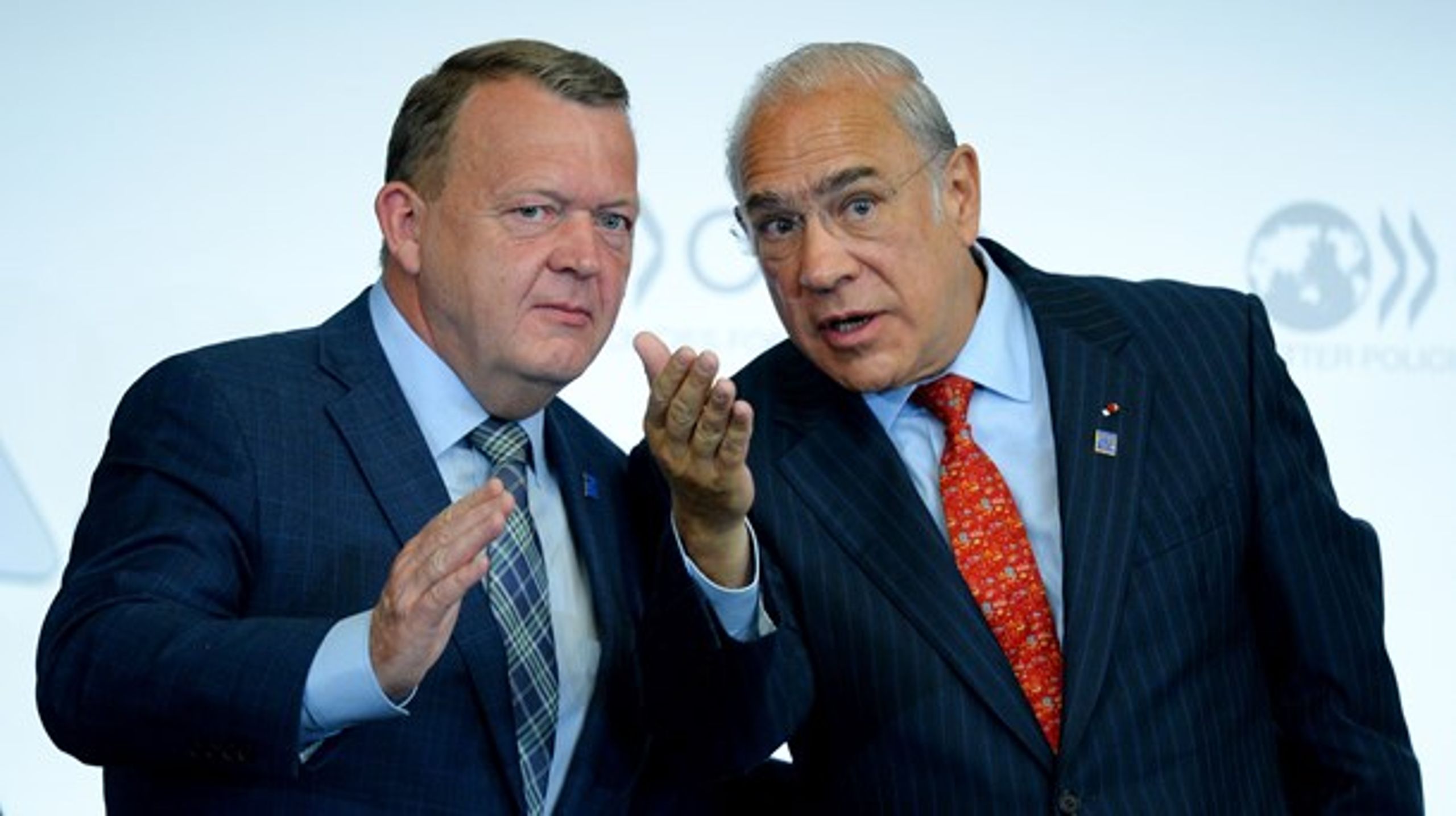 Den danske statsminister, Lars Løkke Rasmussen (V), sammen med OECD's generalsekretær, Angel Gurria.