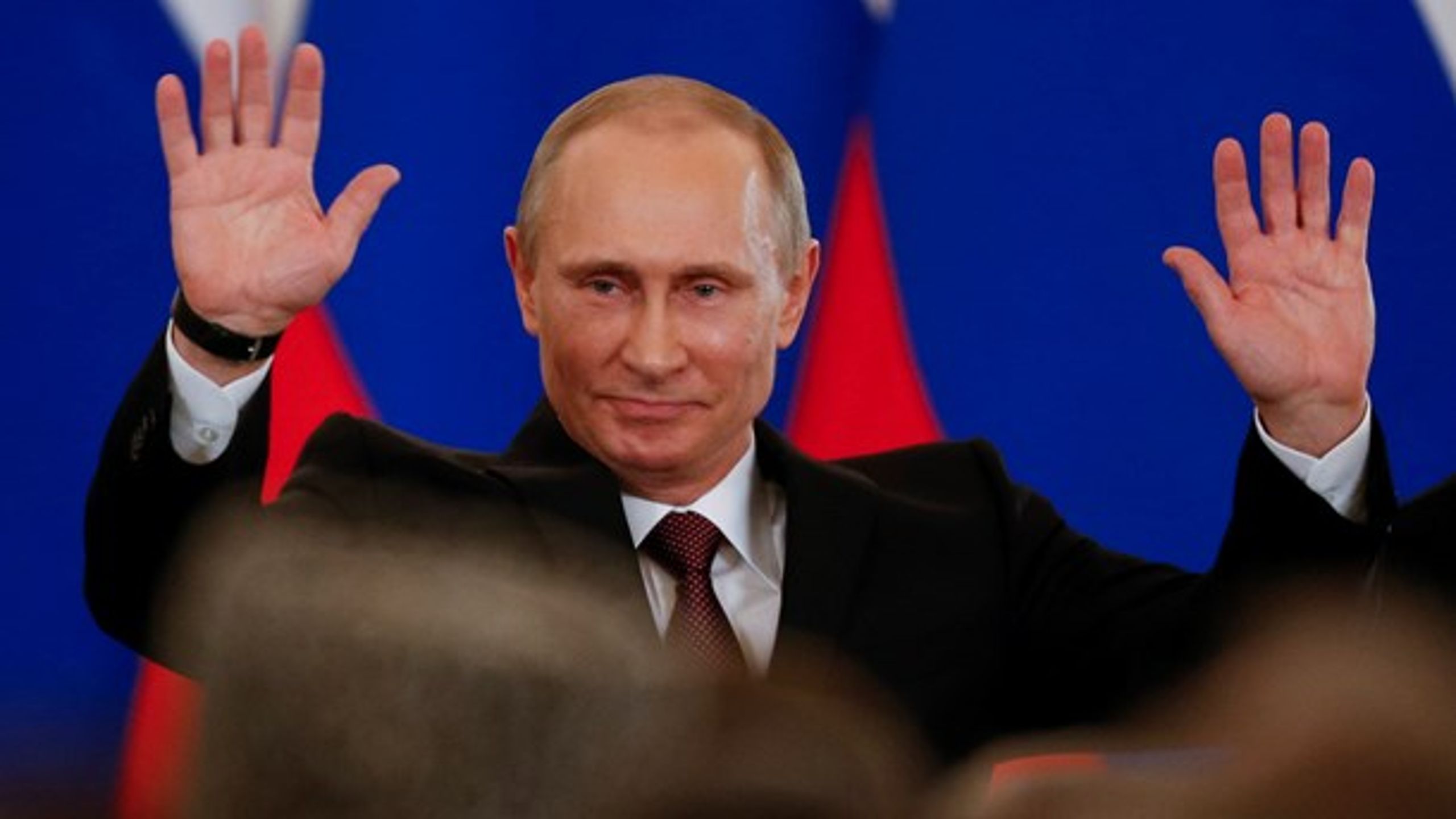 2014: Putin med tilfreds mine efter underskrivning af traktat om annekteringen af Krim. Norske politikere frygter at få samme behandling.&nbsp;