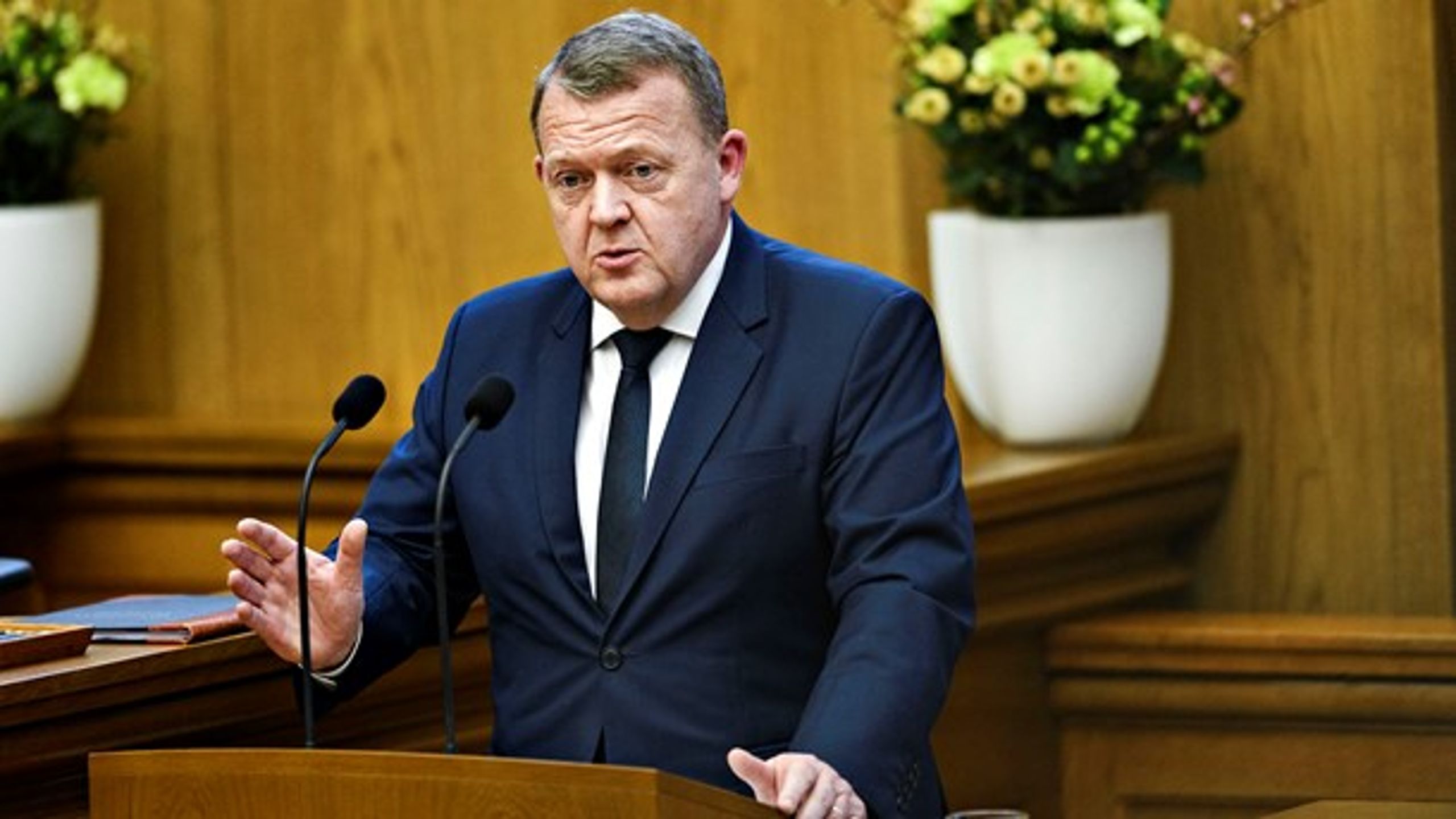 Lars Løkke på talerstolen under tirsdagens partilederdebat.&nbsp;