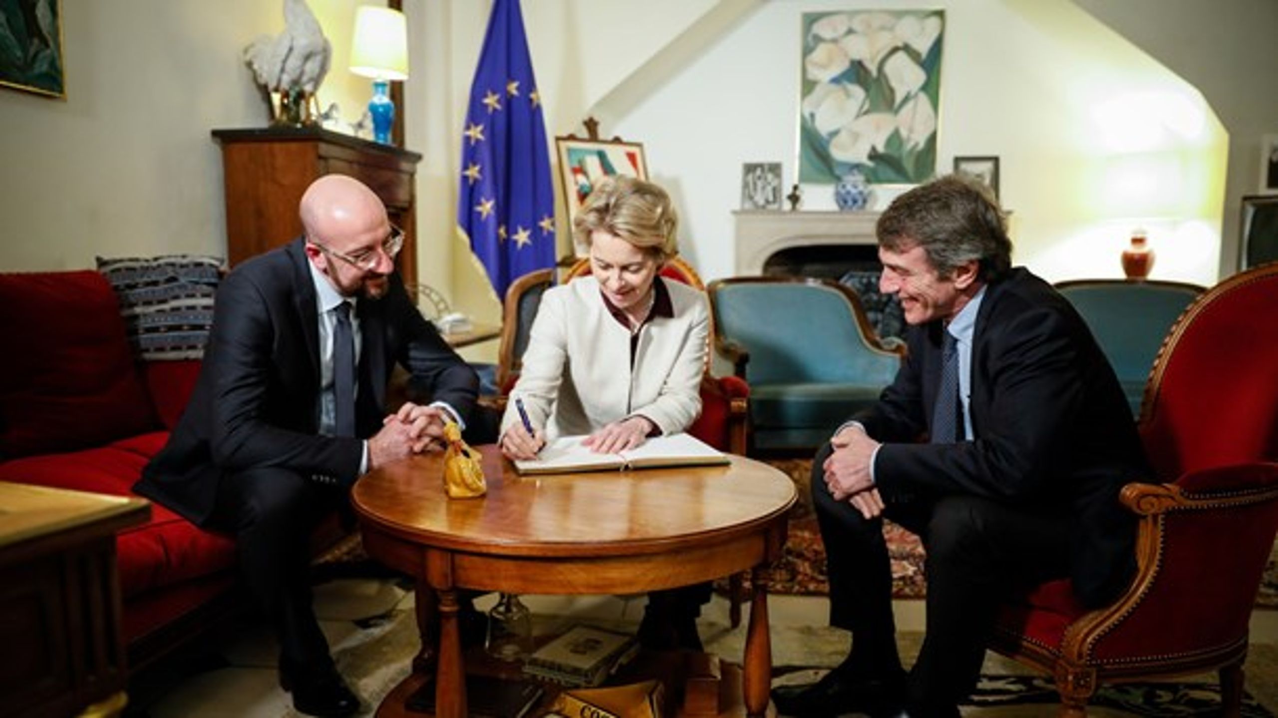 Fra venstre Charles Michel, Ursula von der Leyen og David Sassoli.