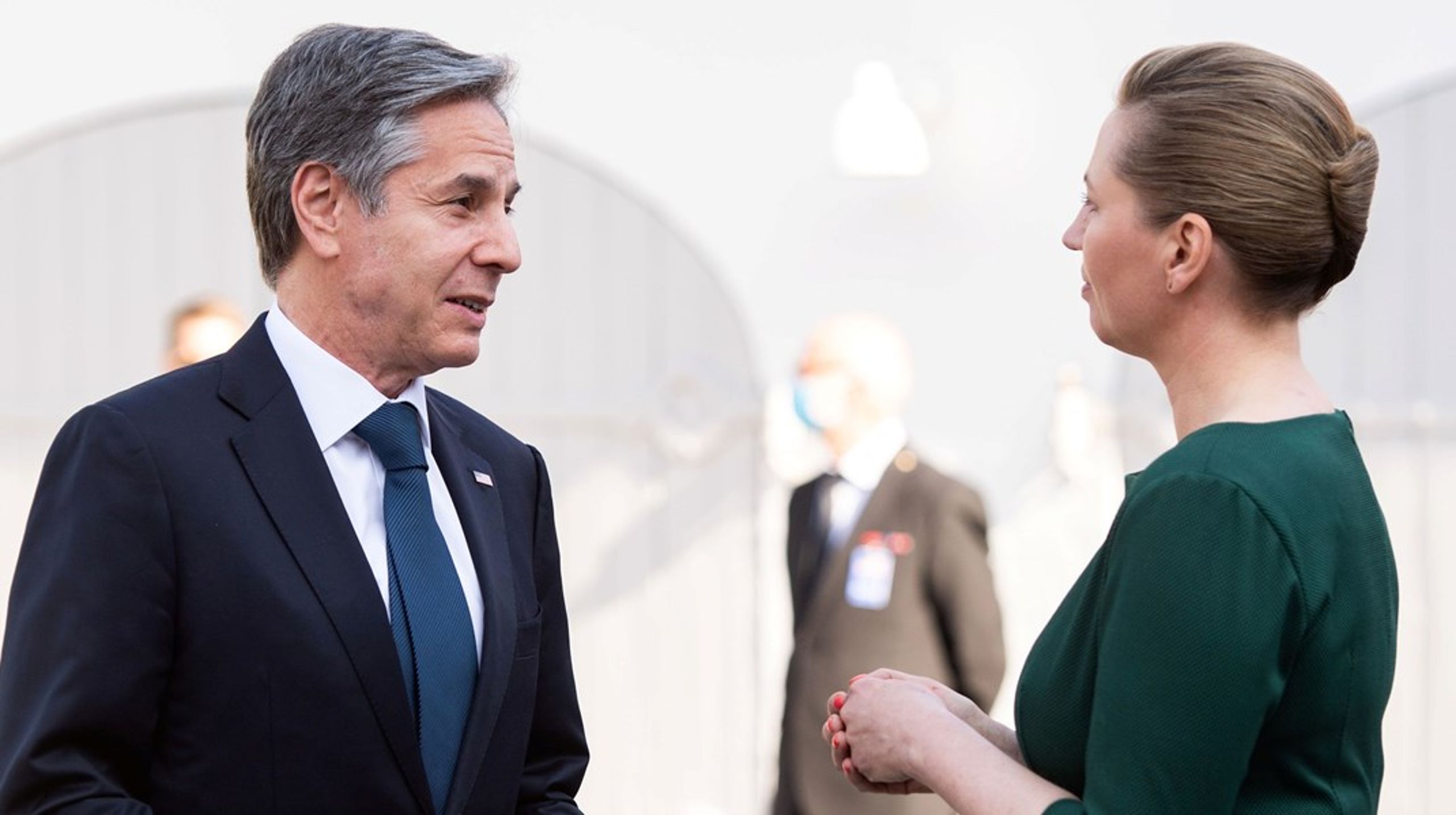 Statsminister Mette Frederiksen er i USA fra mandag til onsdag for at deltage i FN's Generalforsamling. Her ses hun sammen med USA's udenrigsminister&nbsp;Antony Blinken.
