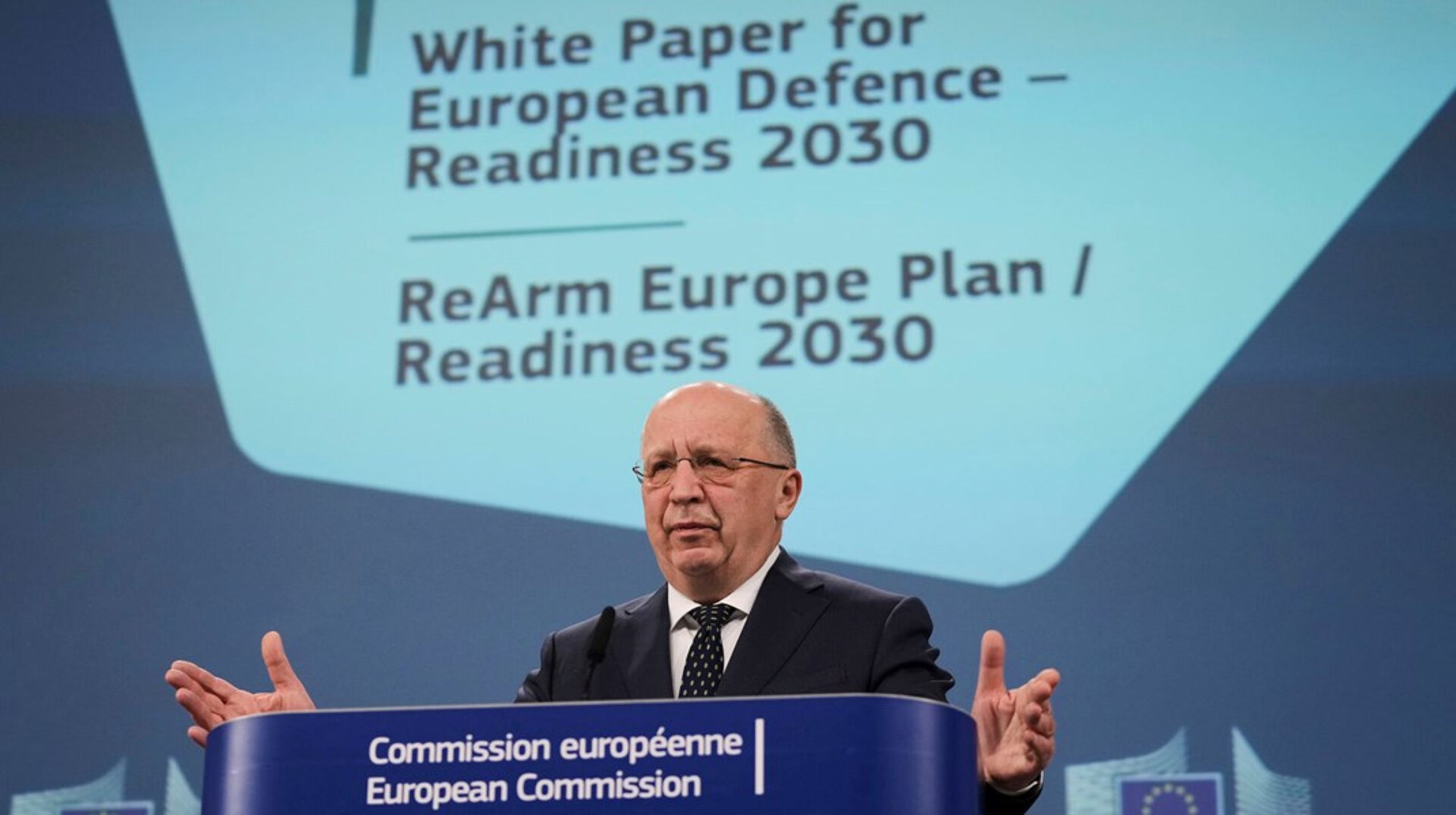 EU’s forsvarskommissær Andrius Kubilius ved præsentationen af ReArm Europe-planen onsdag.