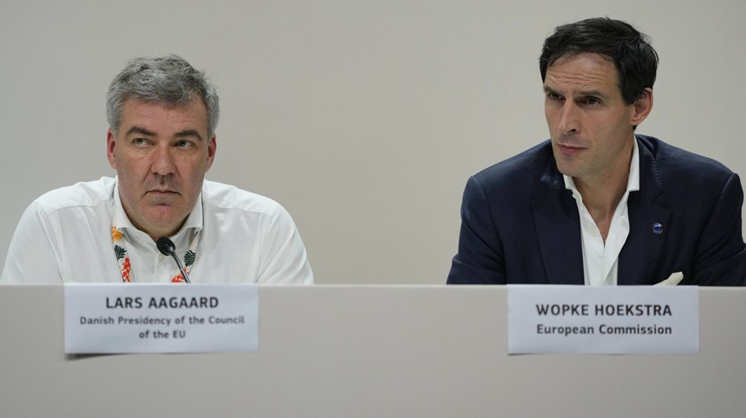 Klimaminister Lars Aagaard (M) præsenterede sit forslag til et nyt klimamål for Danmark ved et pressemøde sammen med&nbsp;Wopke Hoekstra, som er EU's klimakommissær og Aagaards makker under årets COP30-forhandlinger.