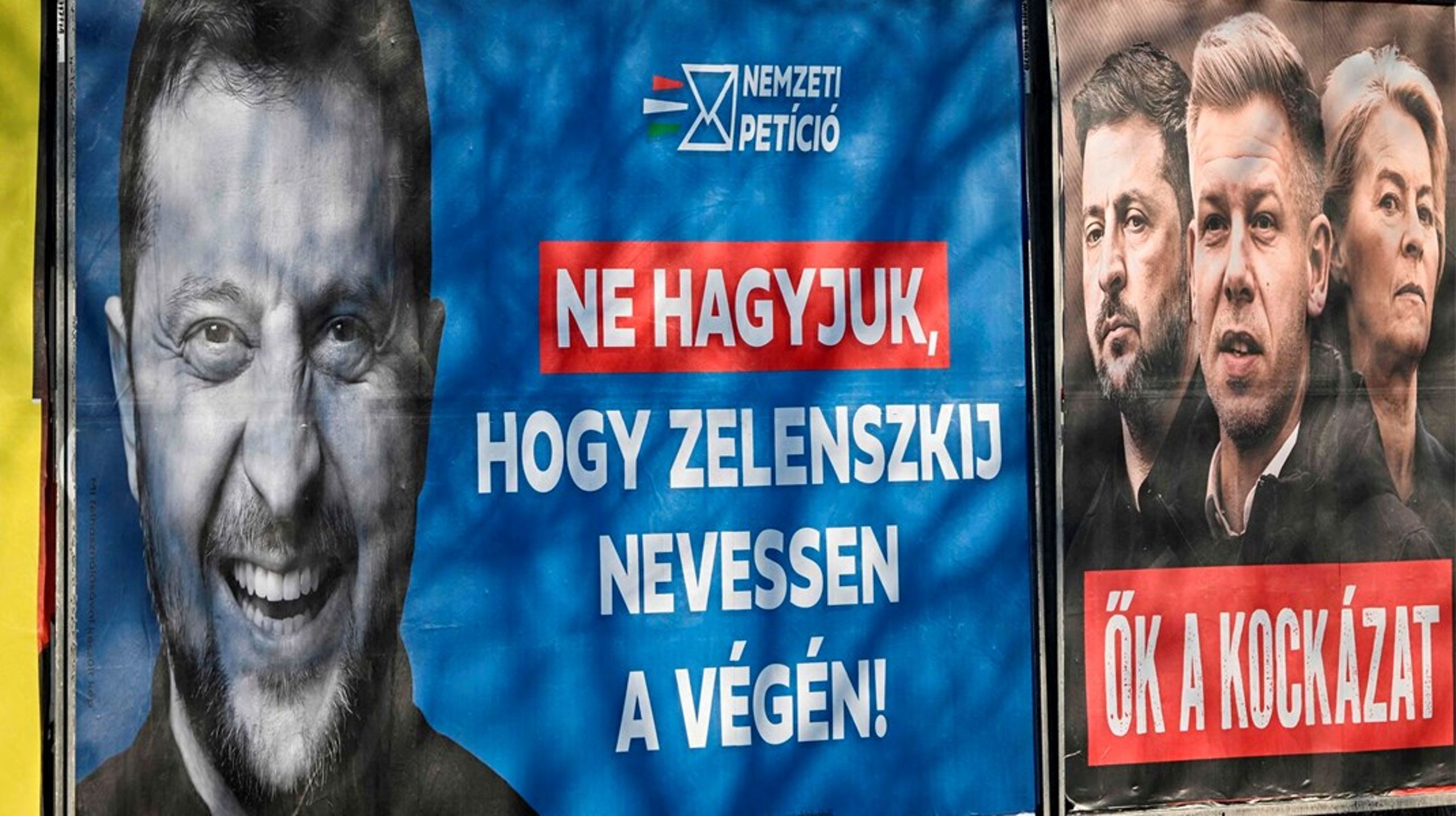 "Lad ikke Zelenskyj le sidst," står der på Viktor
Orbáns valgplakater.&nbsp;Den ukrainske præsident er blevet skræmmebilledet i
den ungarske regerings valgkampagne, side om side
med&nbsp;EU-kommissionsformand Ursula von der Leyen og premierminister Orbáns
store udfordrer, Péter Magyar.