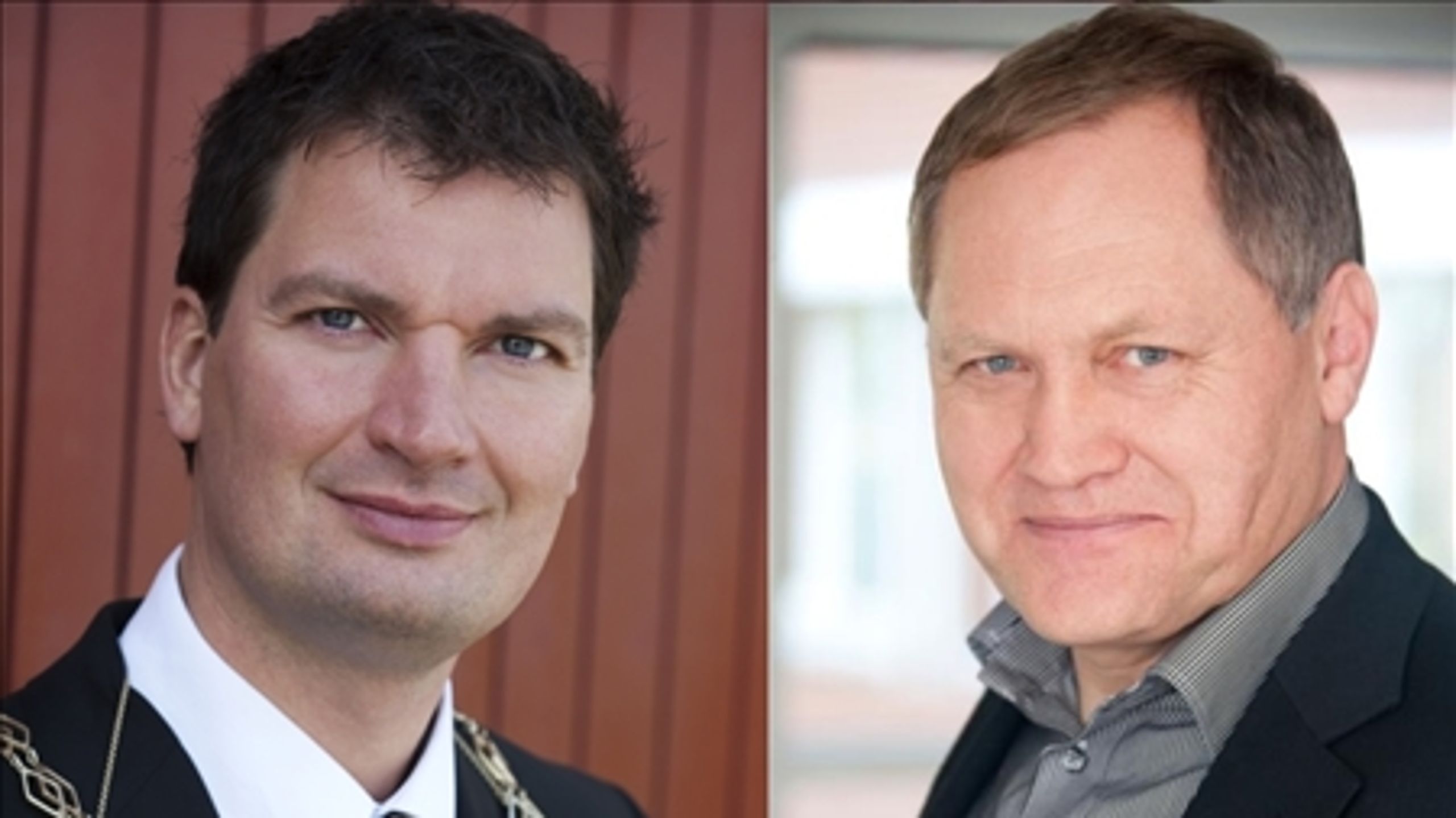 Kommunaldirektør Bjarke Steen Johansen (til højre i billedet) vil ikke deltage i KL's undersagelse af hans anklager om magtmisbrug og nepotisme mod Vallensbæks borgmester, Henrik Rasmussen (til venstre i billedet).