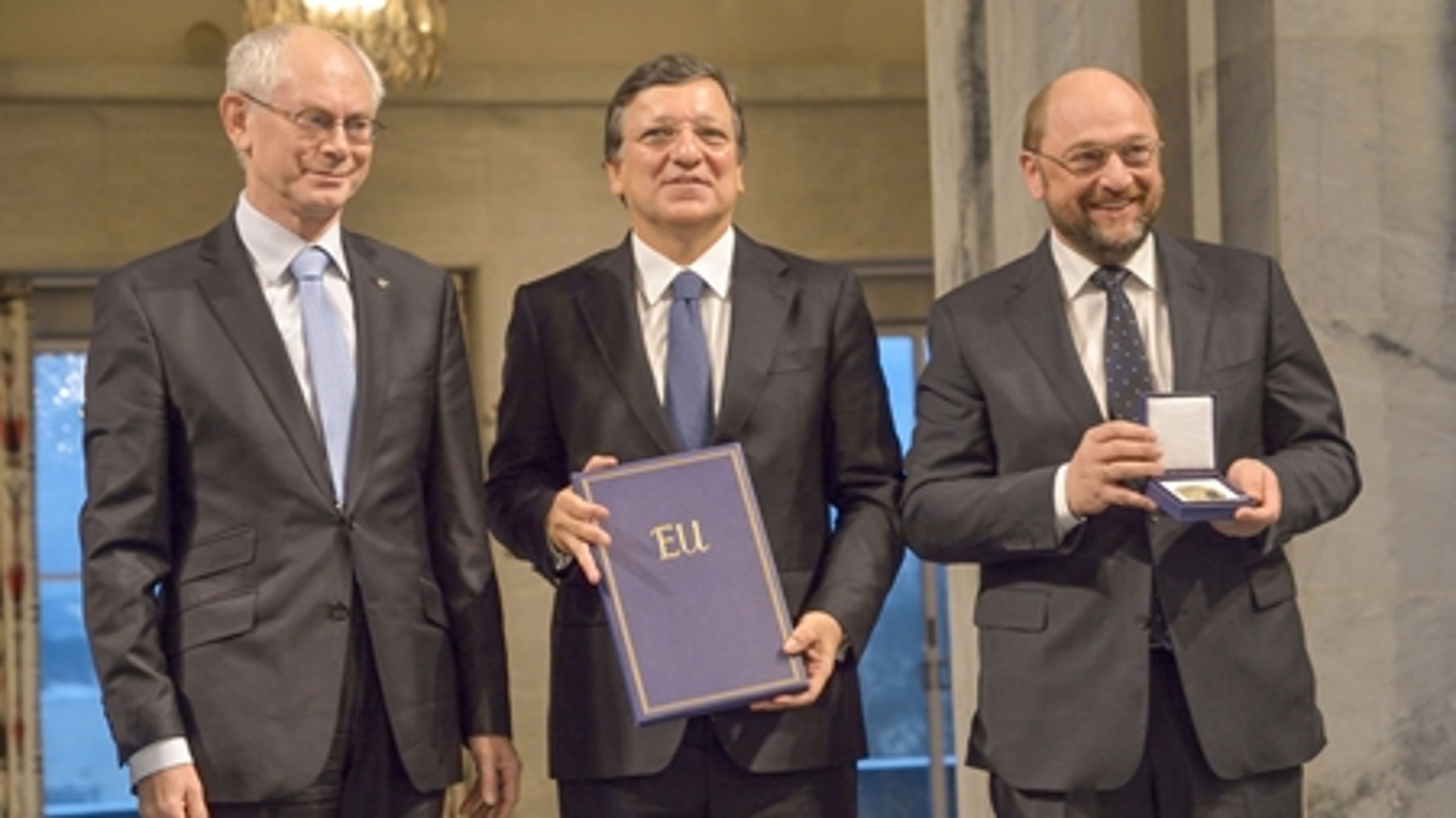 EU's ledere fra de tre institutioner var alle til stede i Oslo mandag. Her Herman Van Rompuy, Josè Manuel Barroso og Martin Schulz.