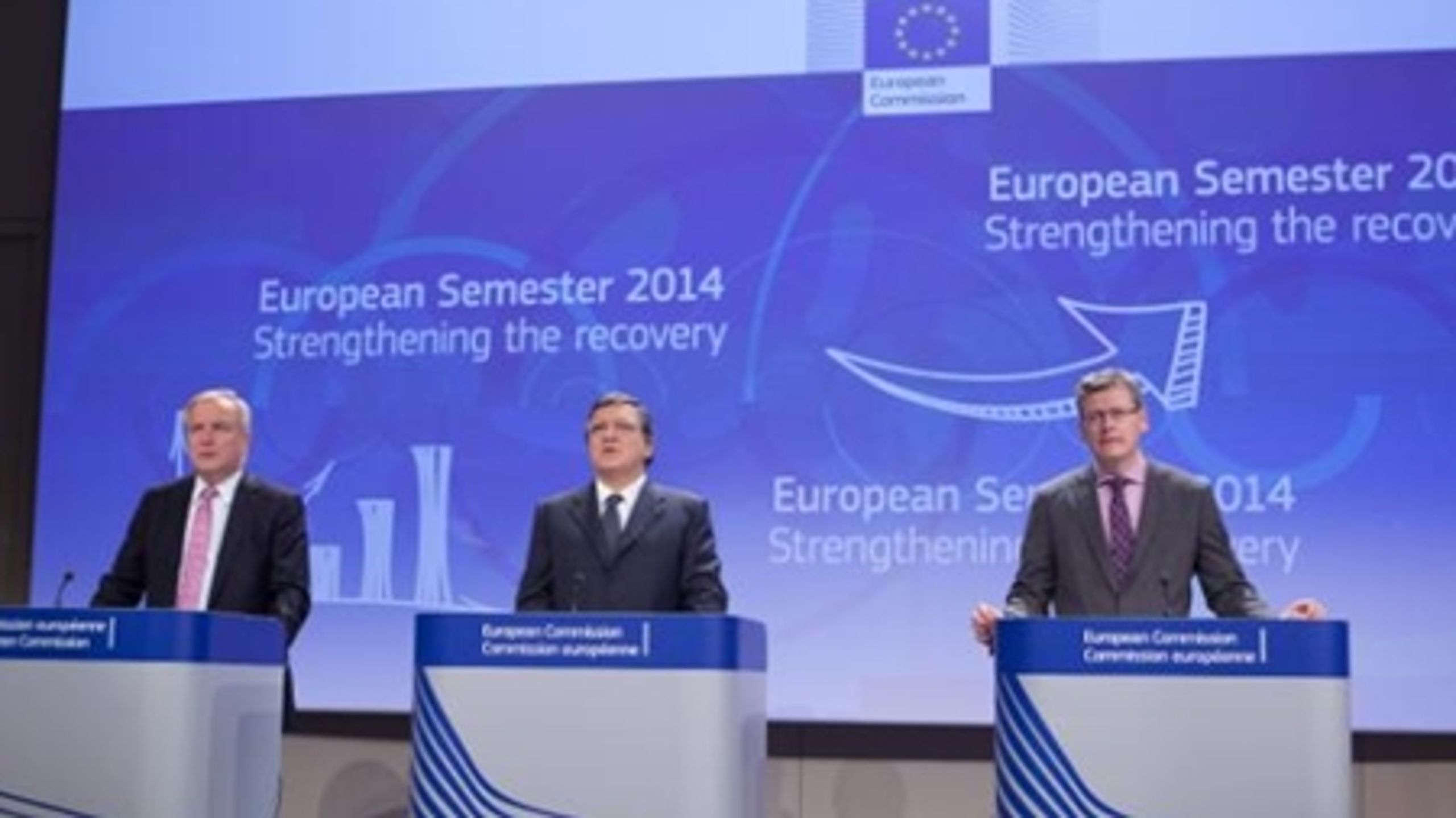 I dag præsenterede EU-Kommissionen deres årlige vækstundersøgelse, som er forøvelsen på Det Europæiske Semester for 2014. På billedet ses (fra venstre) Olli Rehn, José Manuel Barroso og László Andor, som stod for præsentationen. 