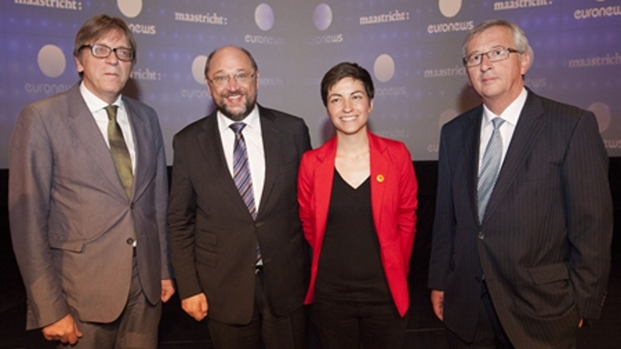 Fire af de europæiske partiers spidskandidater til posten som formand for EU-Kommissionen, som danskerne har svært ved at genkende. Fra venstre er det den liberale Guy Verhofstadt, socialdemokratiske Martin Schulz, den grønne gruppes Ska Keller og kristendemokratiske Jean Claude Juncker.  