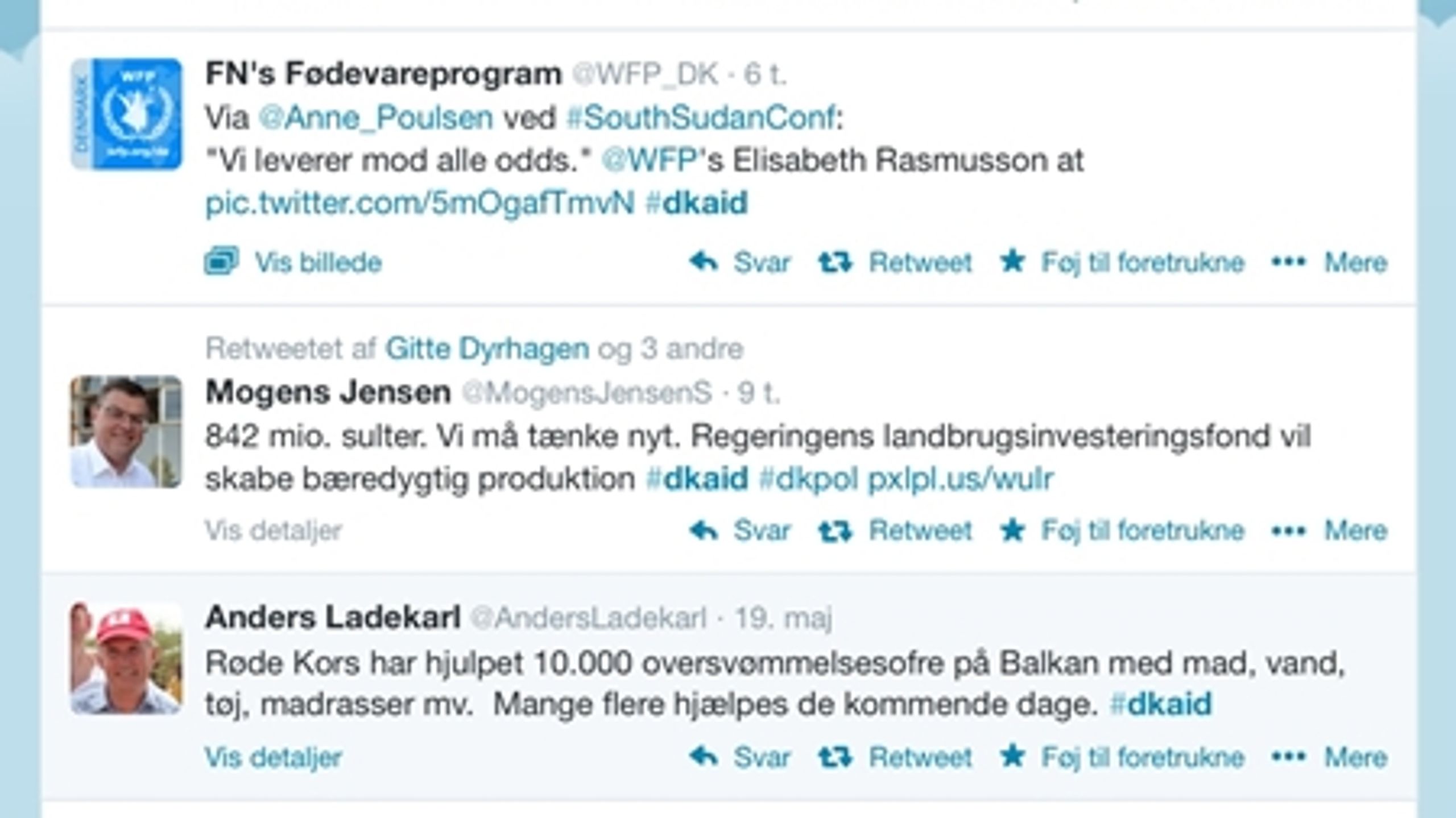 Twitter er fuld af aktører som FN's Fødevareprogram, handels- og udviklingsminister Mogens Jensen (S) og Røde Kors' generalsekretær Anders Ladekarl (Foto: Twitter.com).