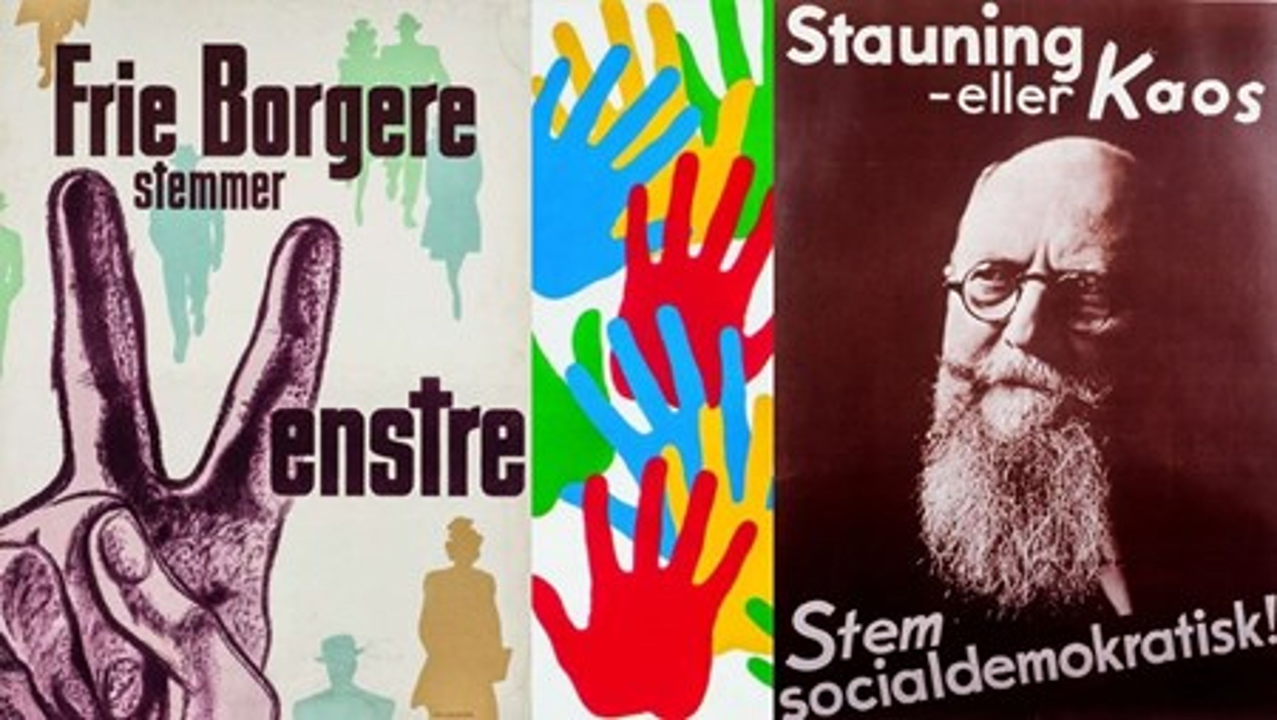 Eksempler på valgplakater, der vises på Dansk Plakatmuseum i Den gamle By i Aarhus hen over årets kommende&nbsp;valgdato.