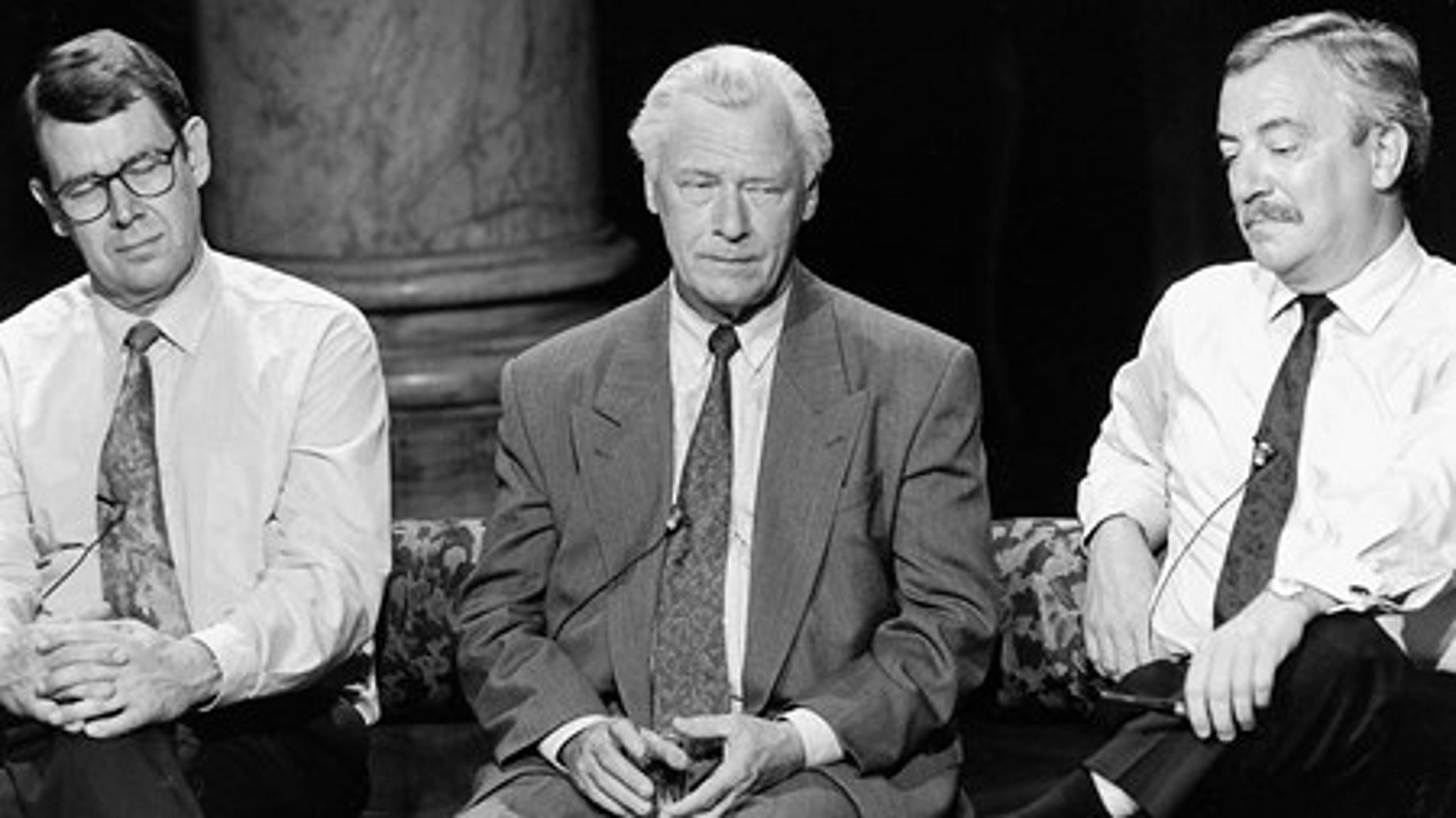 Partilederne fra de tre store ja-partier, Socialdemokratiet, Konservative og Venstre, på valgaftenen 2. juni 1992.<br><br>