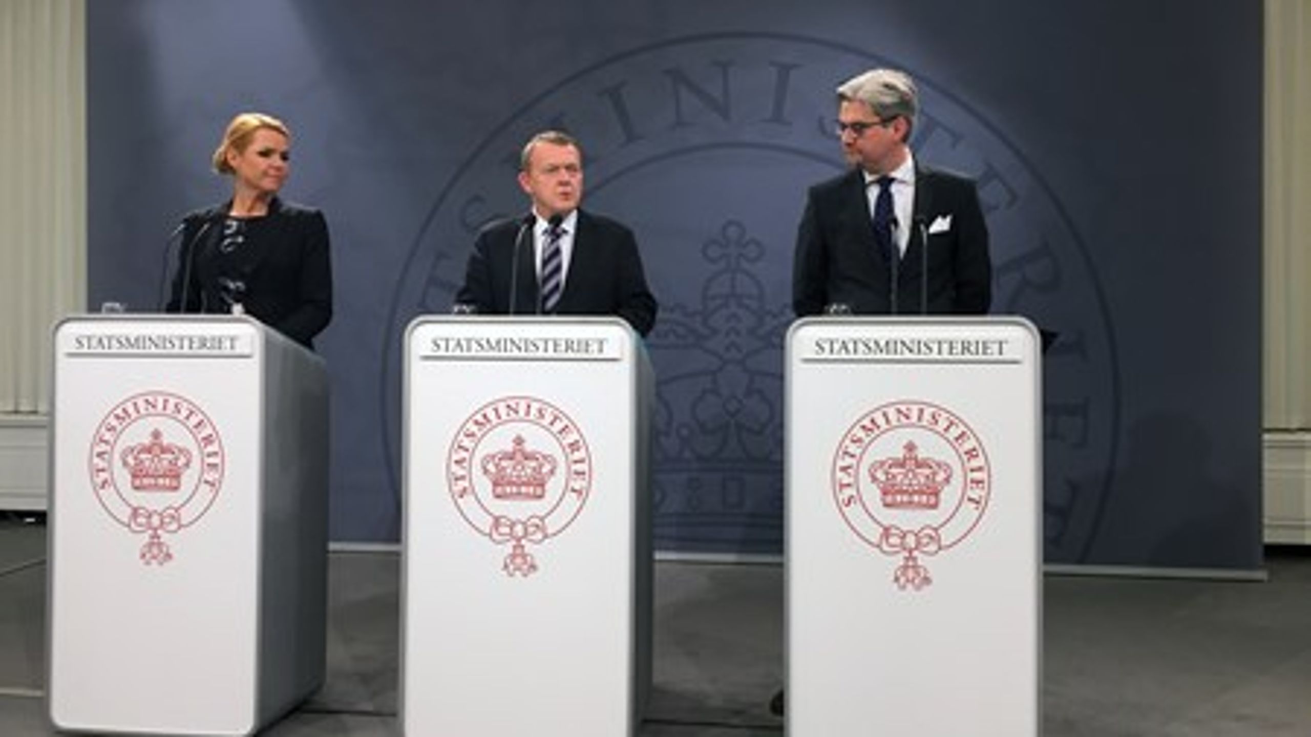 Statsminister Lars Løkke Rasmussen (V), justitsminister Søren Pind (V) og integrationsminister Inger Støjberg (V) præsenterede fredag en pakke med&nbsp;34 forslag til stramninger på asylområdet.&nbsp;