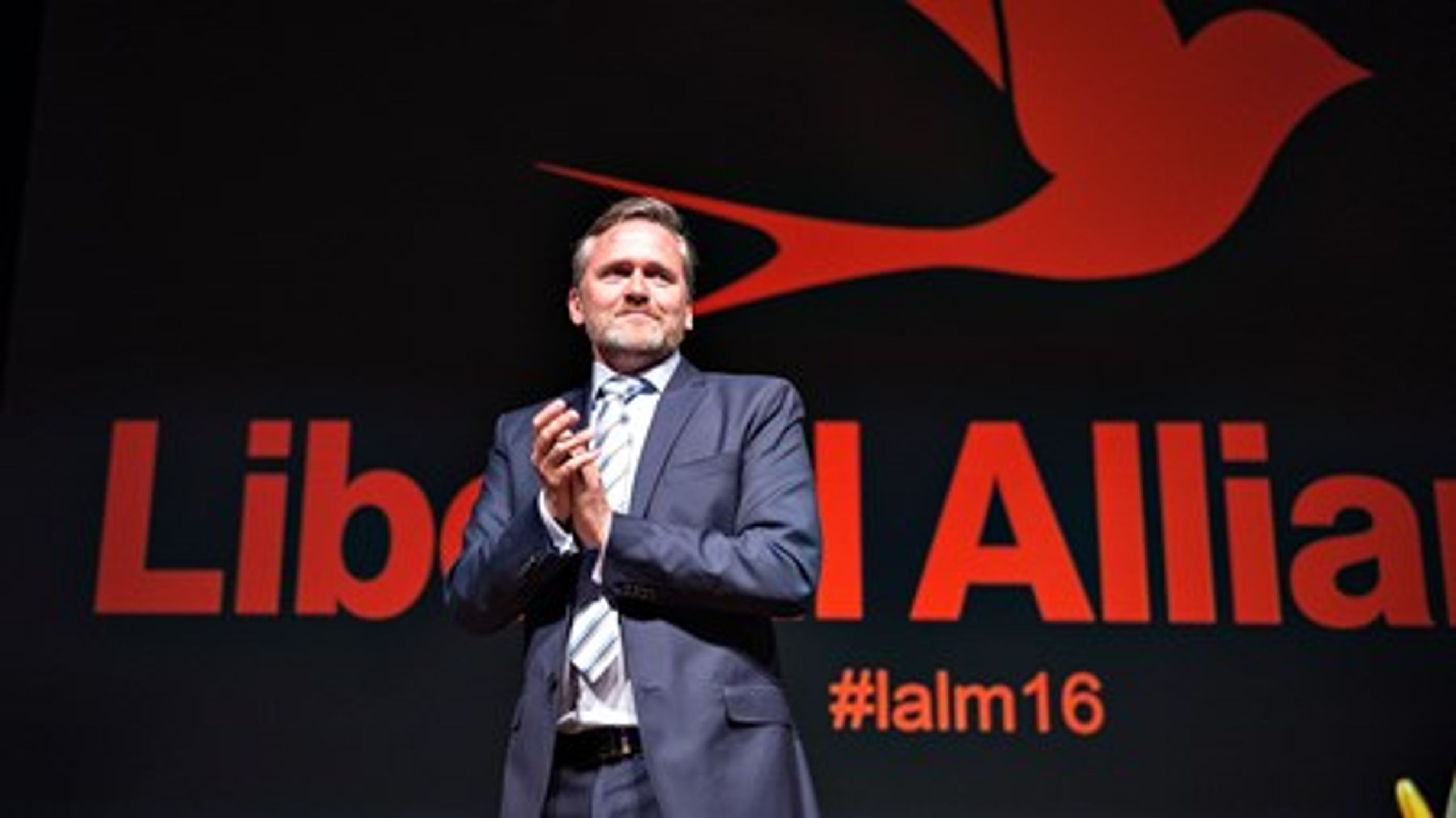 Anders Samuelsen på scenen ved Liberal Alliances landsmøde i Aalborg i weekenden.&nbsp;