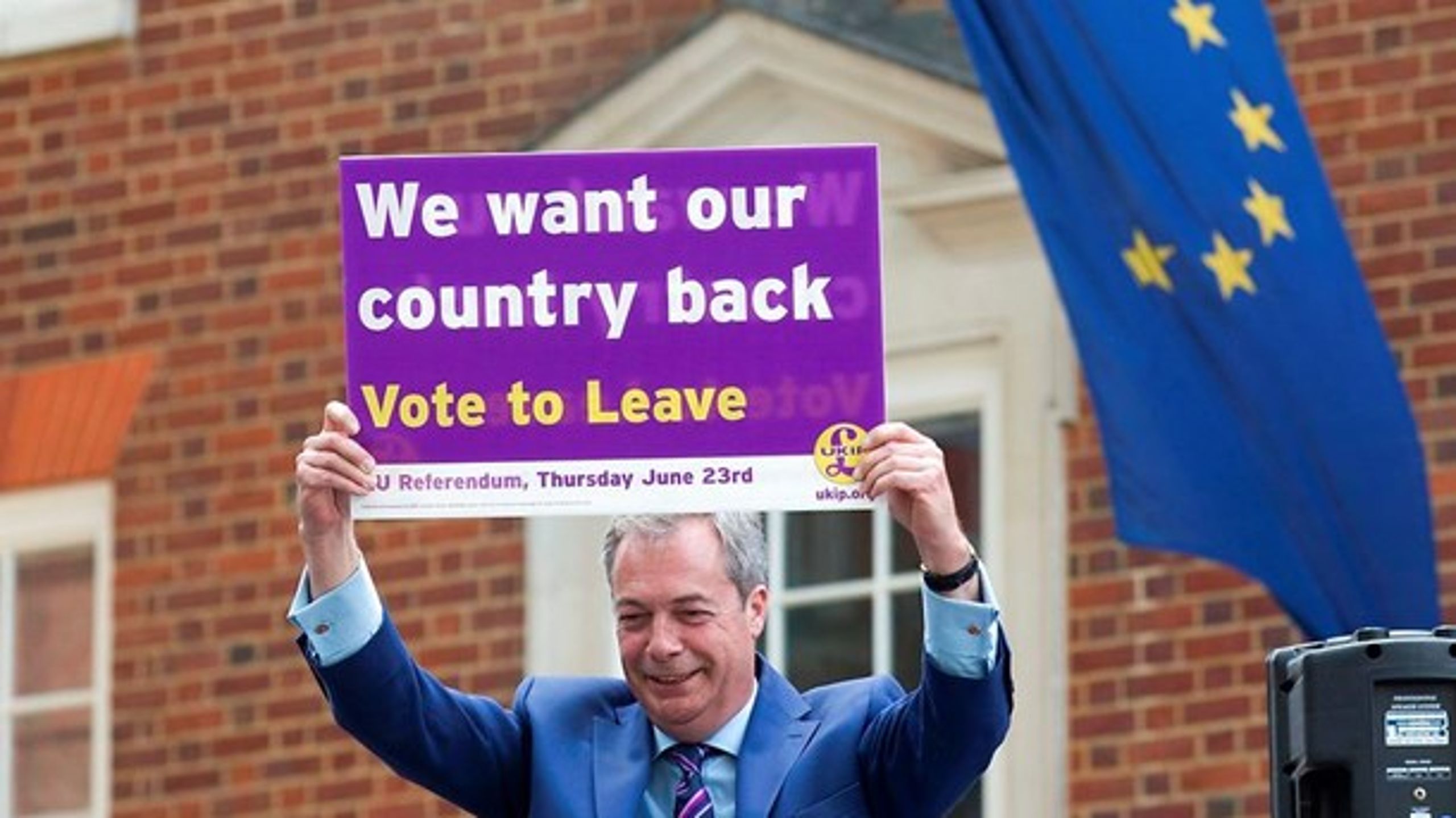 Nigel Farage fra UK Independence Party er på barrikaderne for et nej forud for EU-afstemningen i Storbritannien 23. juni.