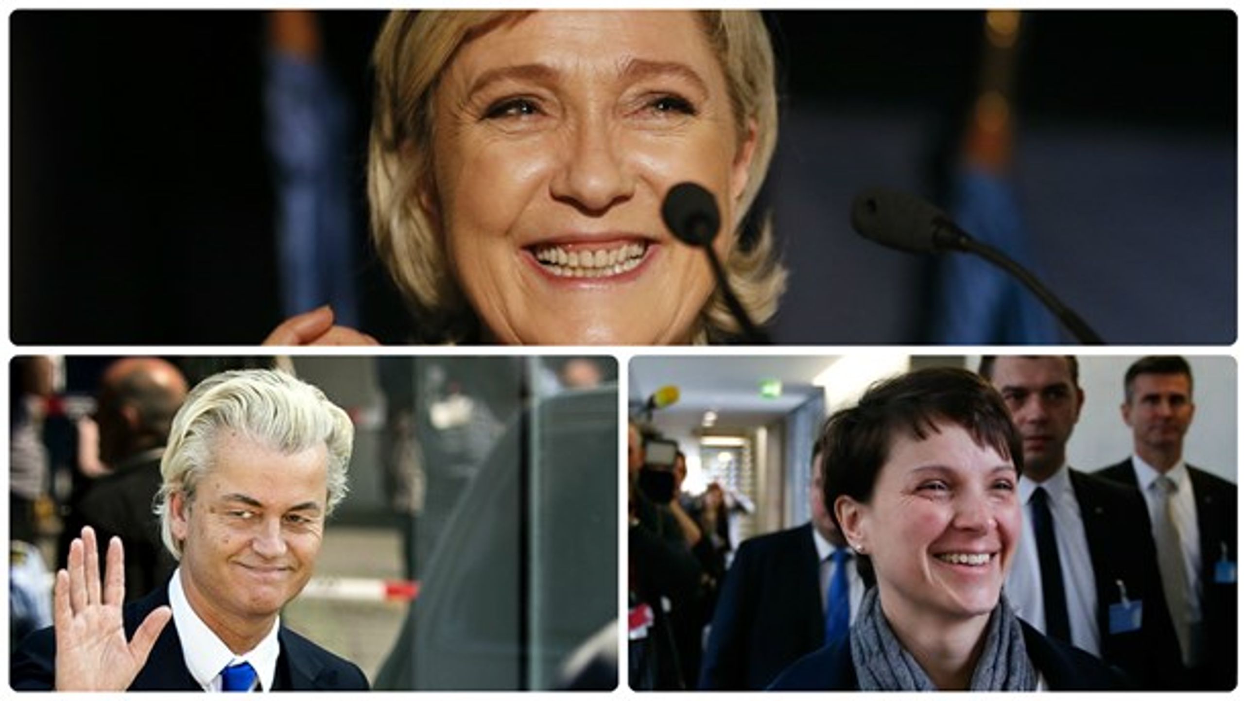 Hvis europæerne fravælger Marine Le Pen (øverst), Geert Wilders (ned. venstre) og Frauke Petry (ned. højre) er de igen på rette kurs, mener David Trads [Fotocollage: Scanpix]