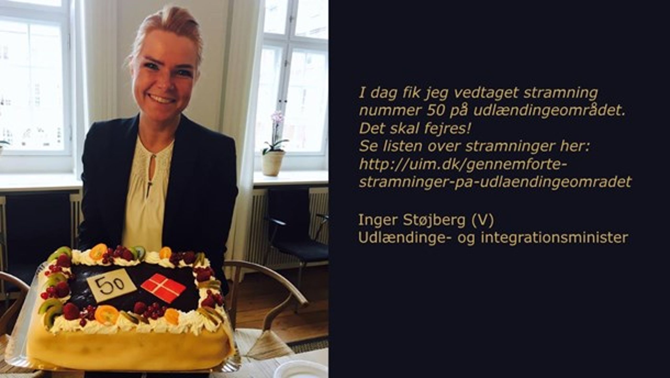 Inger Støjberg fejrer udlændingestramning nr. 50 med lagkage på sin Facebook-profil.