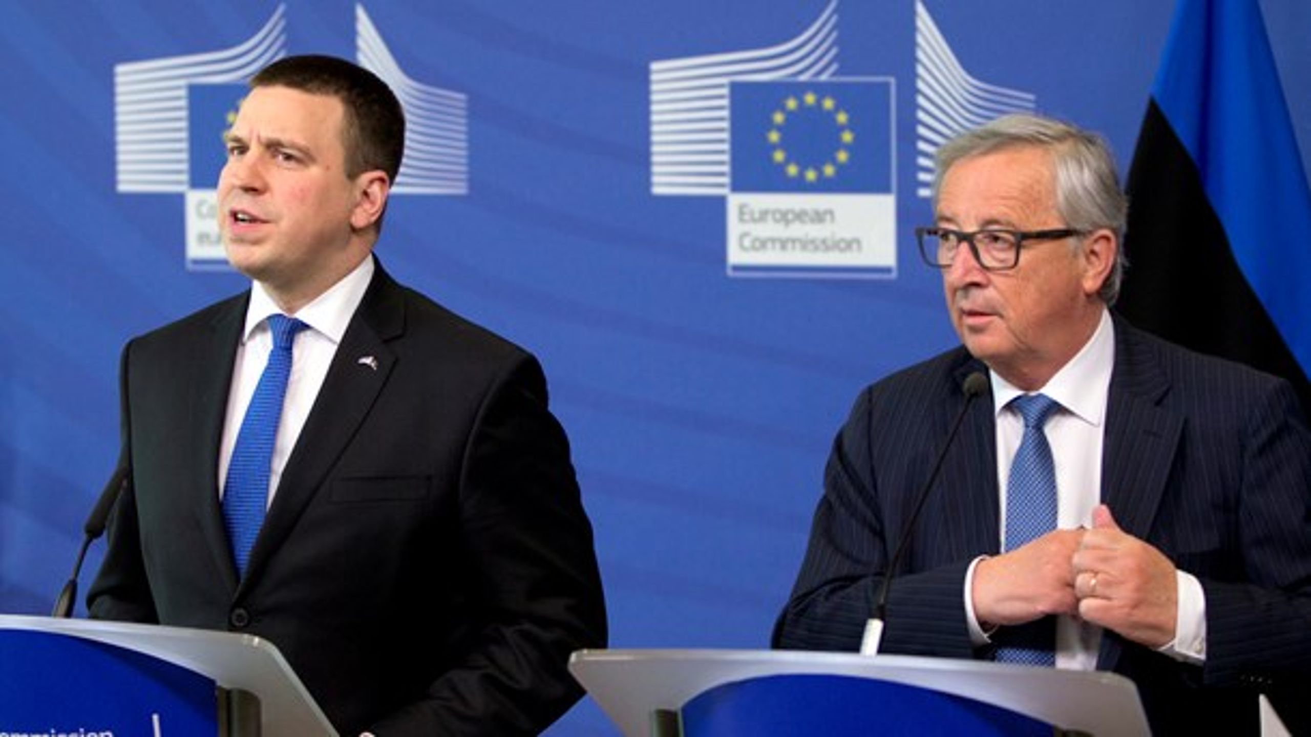 Den estiske premierminister, Juri Ratas, sammen med EU-Kommissionens formand, Jean-Claude Juncker. Estland overtager 1. juli det roterende EU-formandskab.