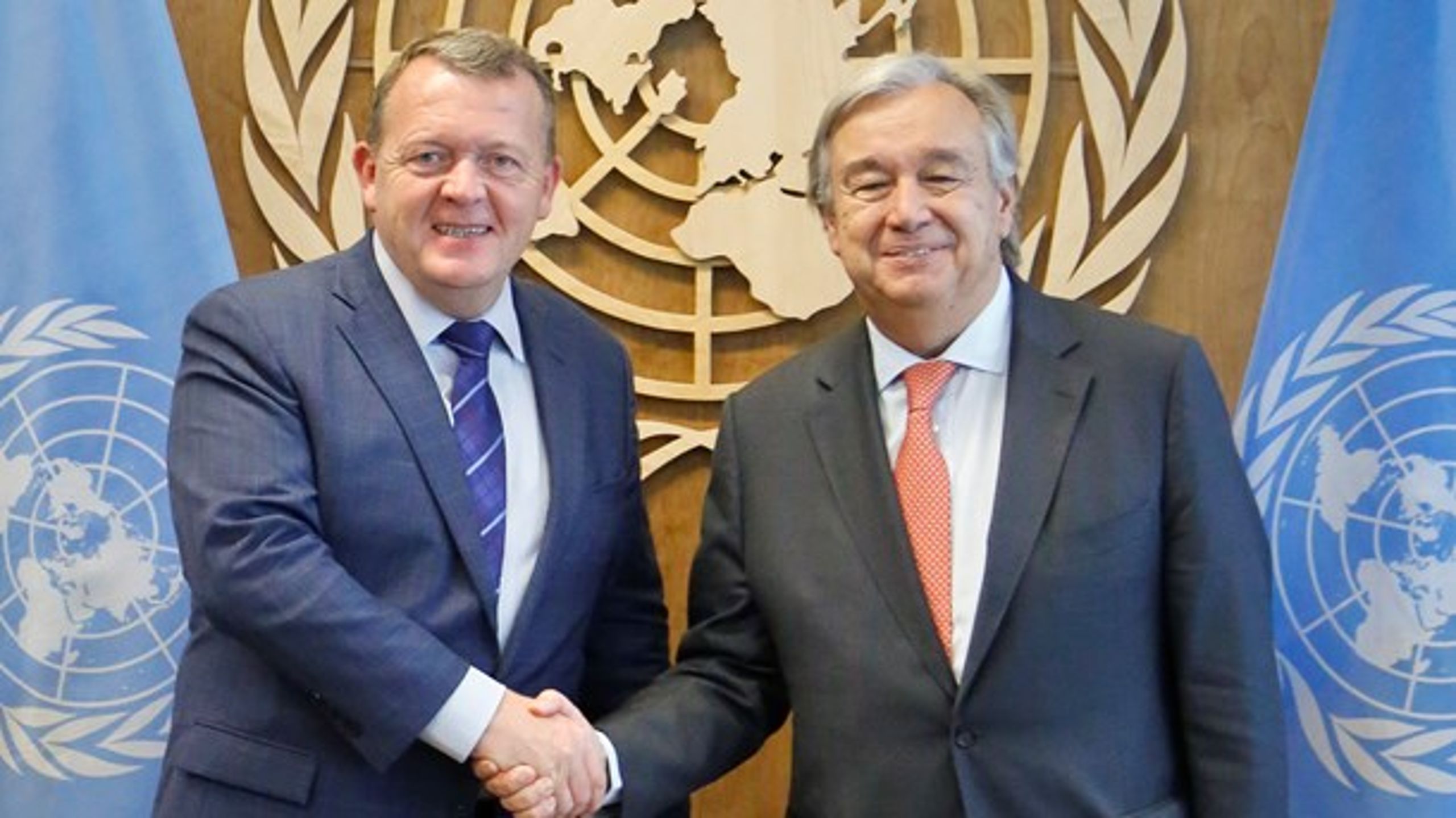 Statsminister Lars Løkke Rasmussen mødtes med FN's generalsekretær, António Guterres (th.), i New York forud for FN's generalforsamling.