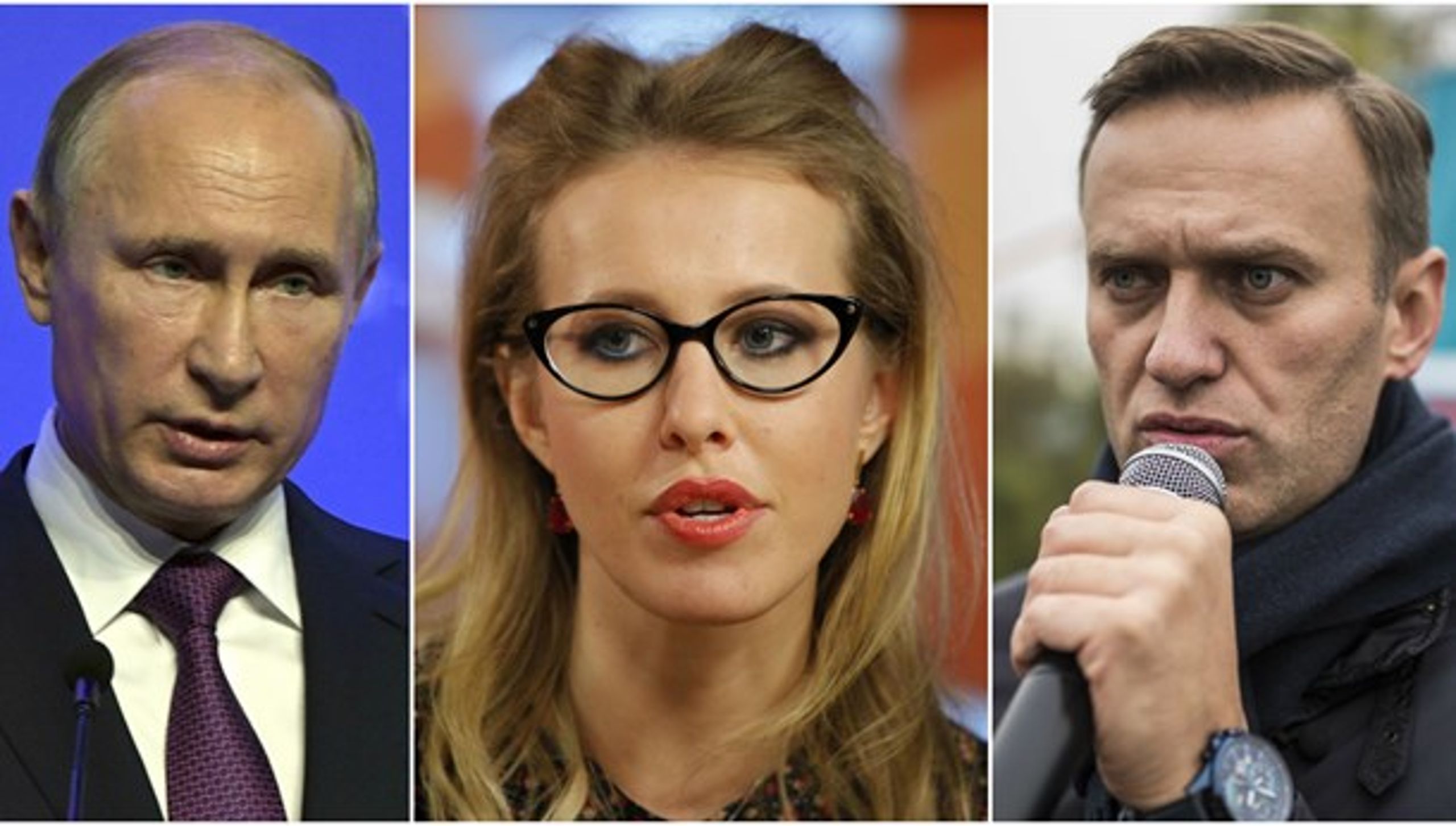 Til venstre præsident Vladimir Putin, i midten Ksenija Sobtjak og til højre Putins eneste reelle modtander Aleksej Navalnyj.
