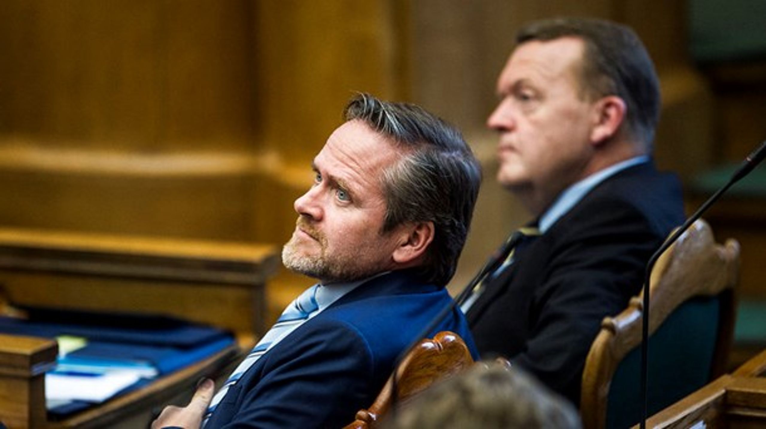 Liberal Alliances partiformand, udenrigsminister Andes Samuelsen, og Venstres partiformand, statsminister Lars Løkke Rasmussen, under en debat i Folketinget.