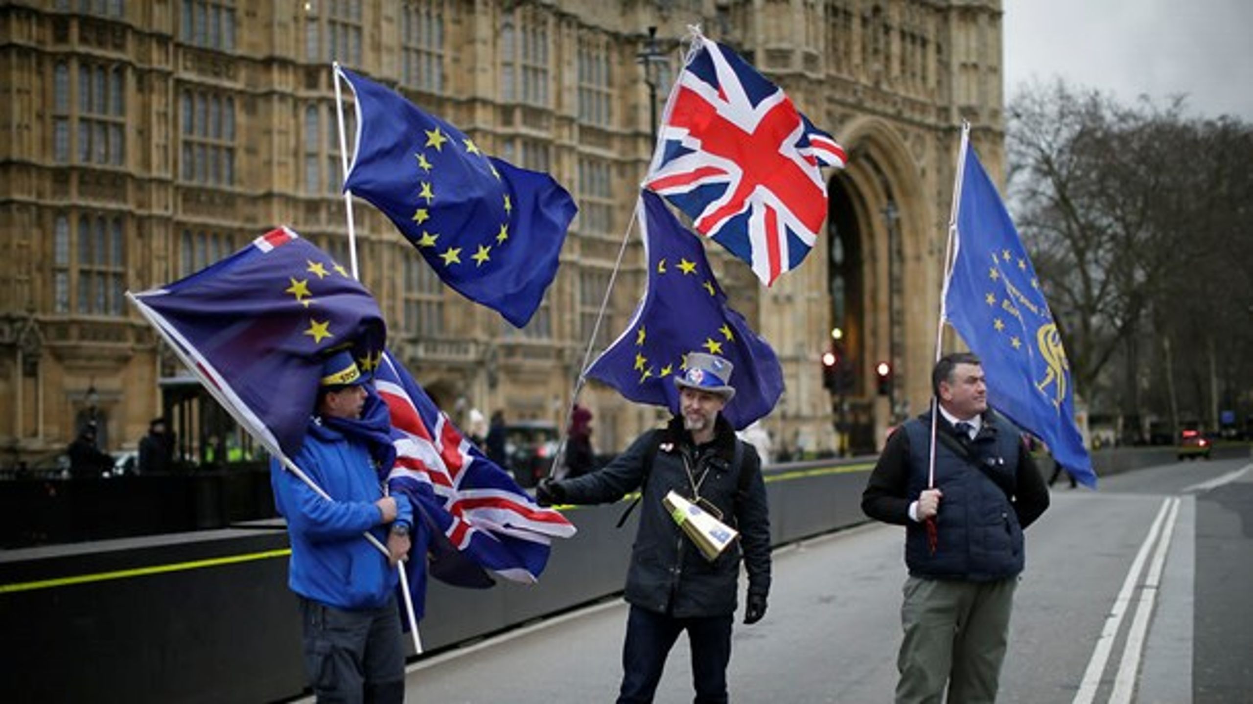 Demonstranter hejser EU-flaget uden for det britiske parlament.