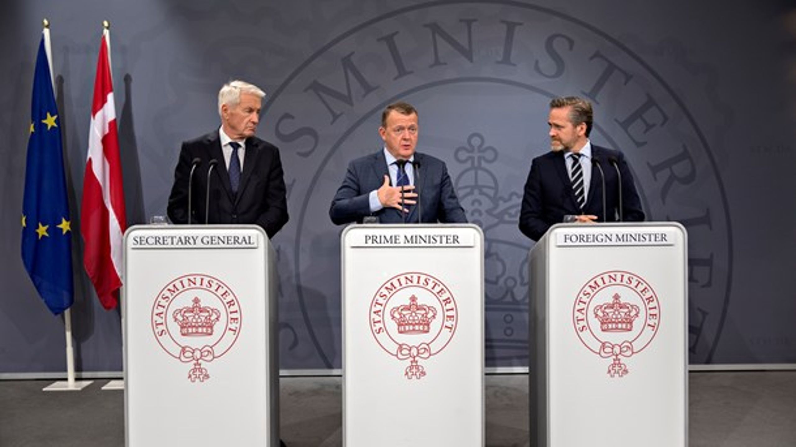 Fra venstre: Generalsekretær i Europarådet&nbsp;Thorbjørn Jagland, statsminister Lars Løkke Rasmussen og udenrigsminister Anders Samuelsen.