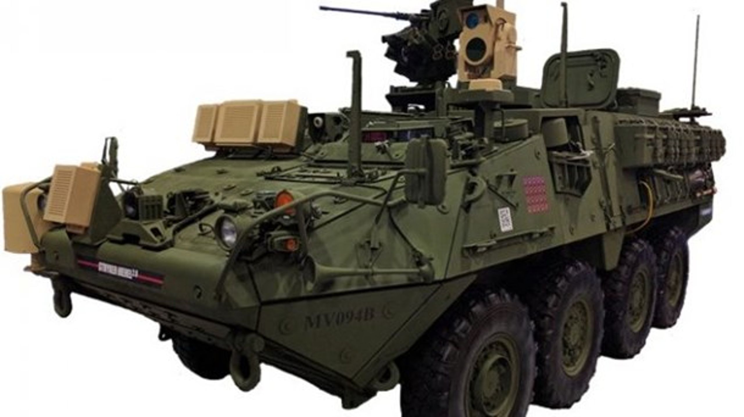Amerikansk Stryker pansret mandskabsvogn med&nbsp;Mobile Expeditionary High Energy Laser monteret.