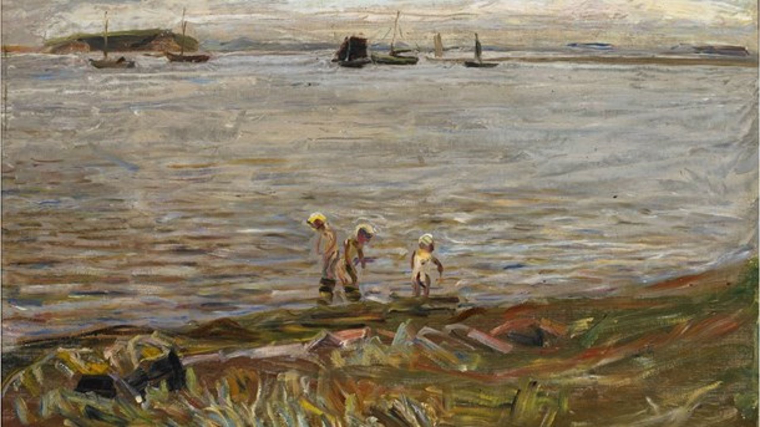 Fritz Syberg (1862-1939): Badende børn ved Korshavn. 1908. Olie på lærred. 42 x 62 cm. Carsten Reissmanns Samling/Johannes Larsen Museet.
