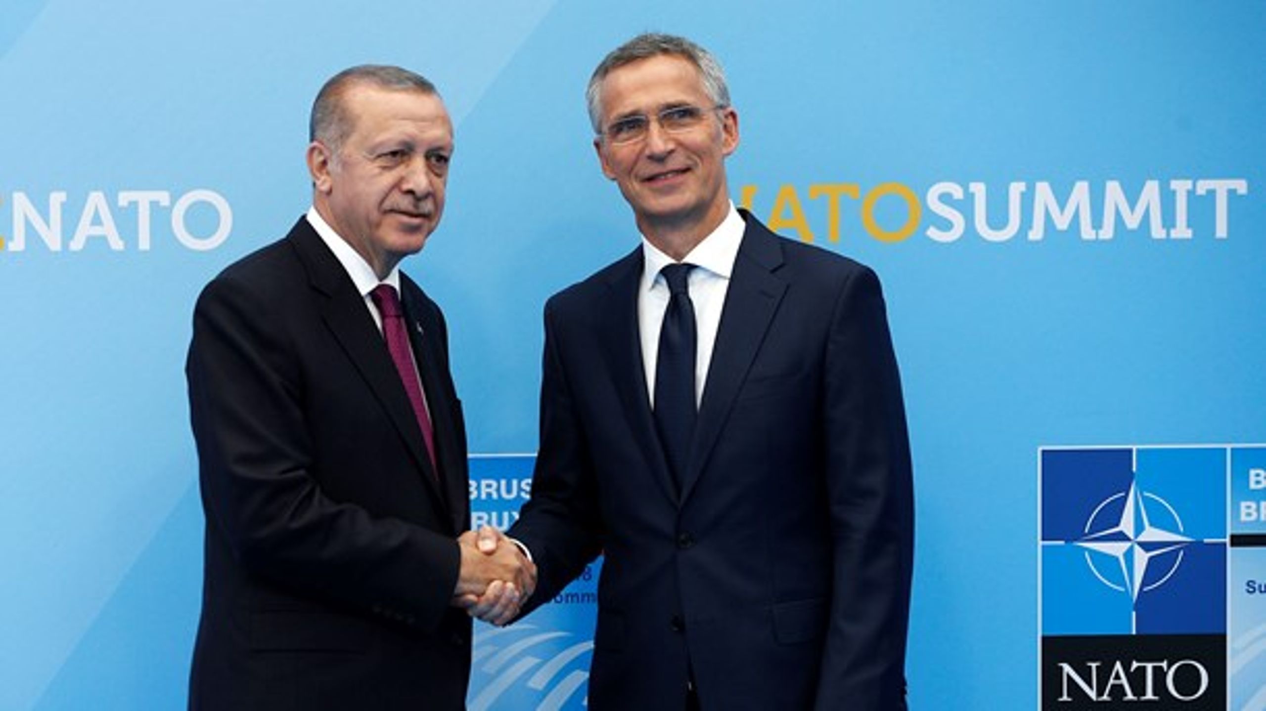 Tyrkiets præsident, Recep Erdogan, og Natos generalsekretær, Jens Stoltenberg, ved Natos topmøde i juli.&nbsp;