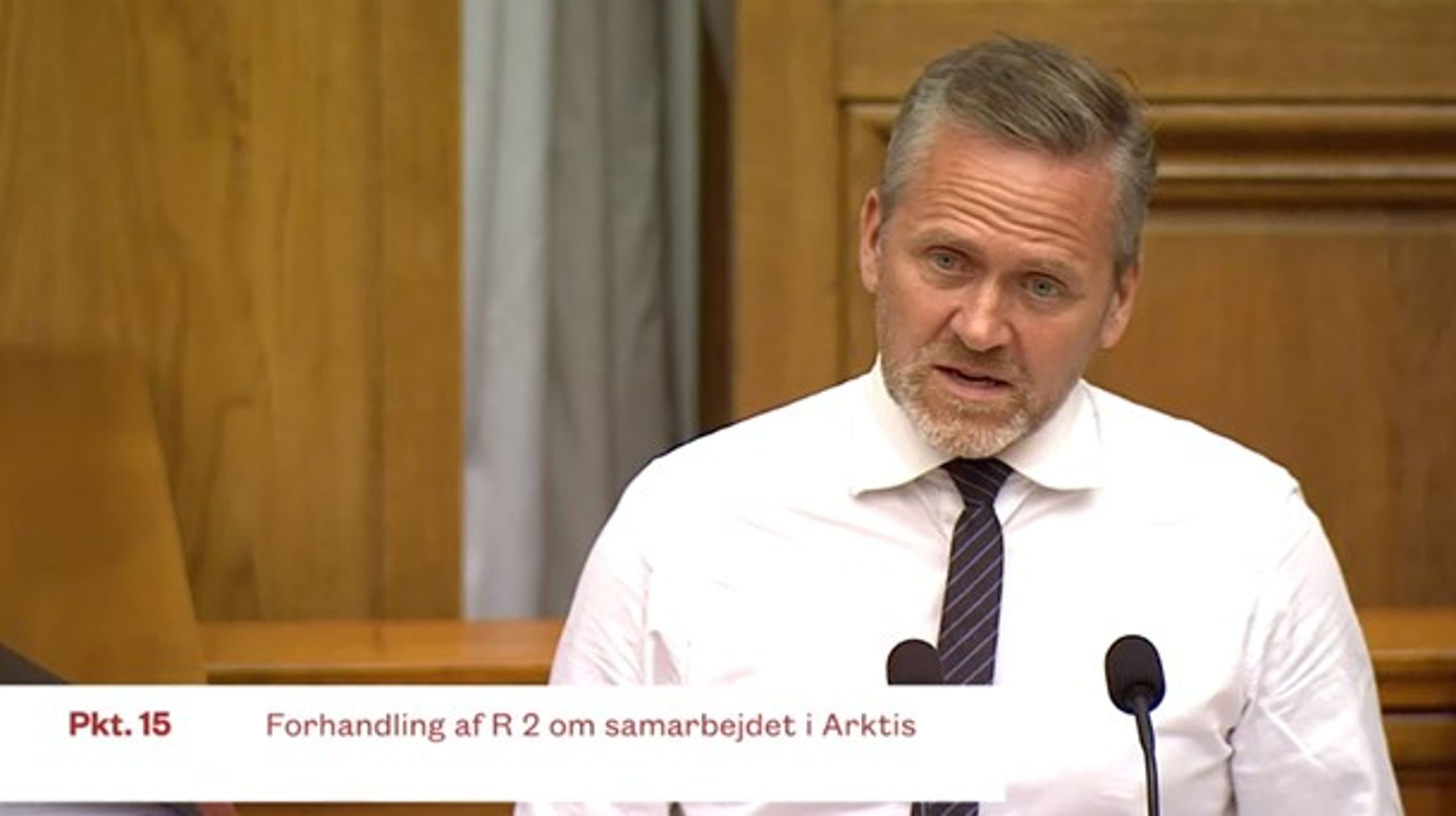 Udenrigsminister Anders Samuelsen på Folketingets talerstol tirsdag ved debatten om regeringens arktiske redegørelse.