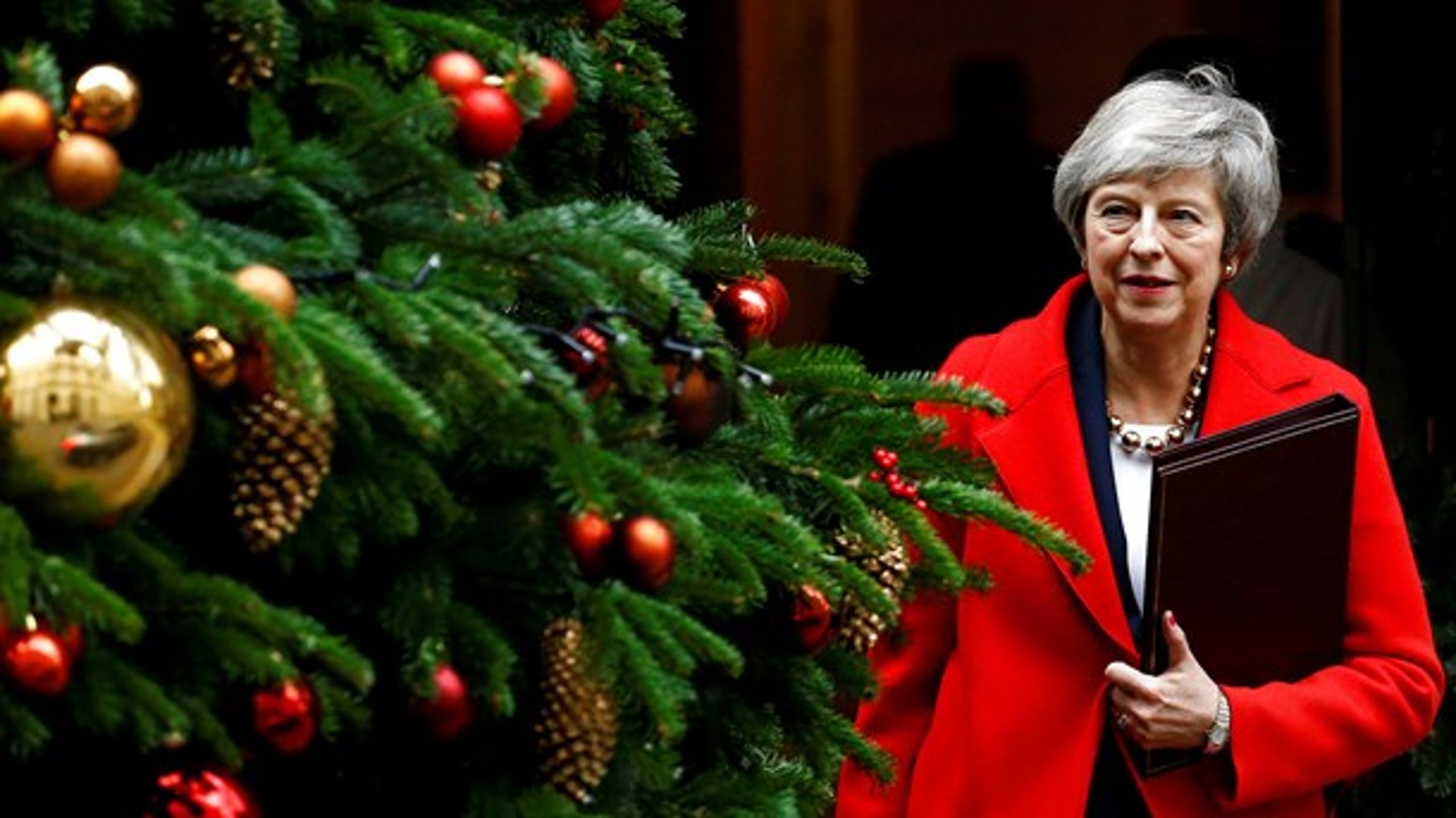 Juletræet er pyntet uden for Downing Street 10. Men der er meget langt til juleferien for premierminister Theresa May.
