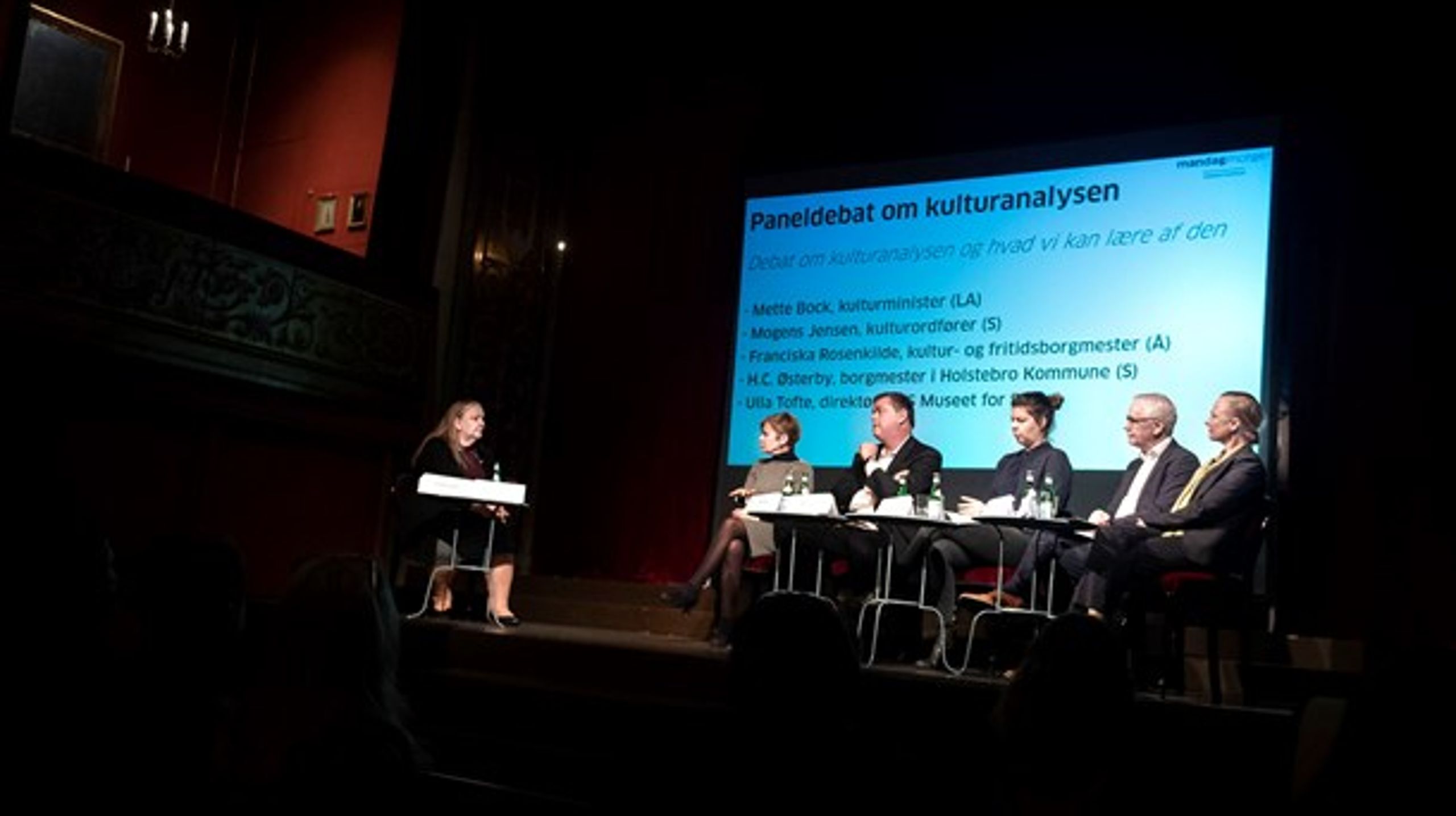 Til offentliggørelsen af kulturanalysen "Mellem ballet og biografer" 6. marts diskuterede blandt andre Mogens Jensen (S) og&nbsp;Mette Bock (LA) resultaterne med lokale kulturpolitikere.