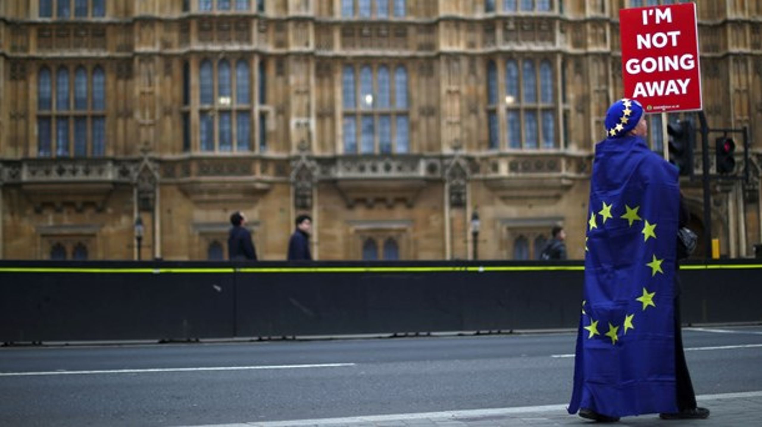 En EU-tilhænger demonstrerer uden for Westminster kun lidt mere end en uge før, briterne efter planen skal forlade Unionen.