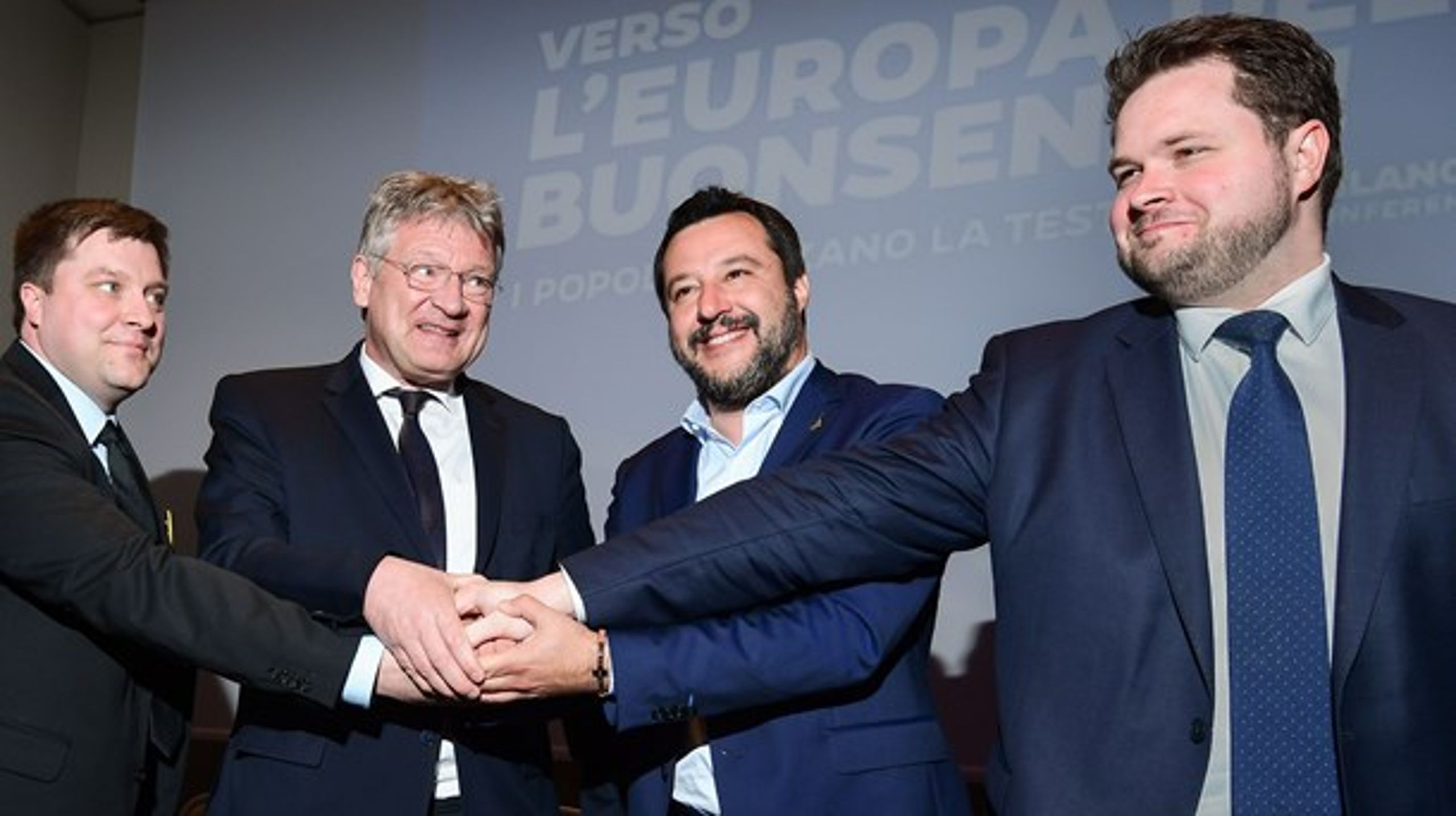 Fra venstre mod højre: Olli Kotro (De Sande Finner),&nbsp;Jörg Meuthen (Alternative für Deutschland), Matteo Salvini (Lega), Anders Vistisen (Dansk Folkeparti).&nbsp;<span><br><br></span>